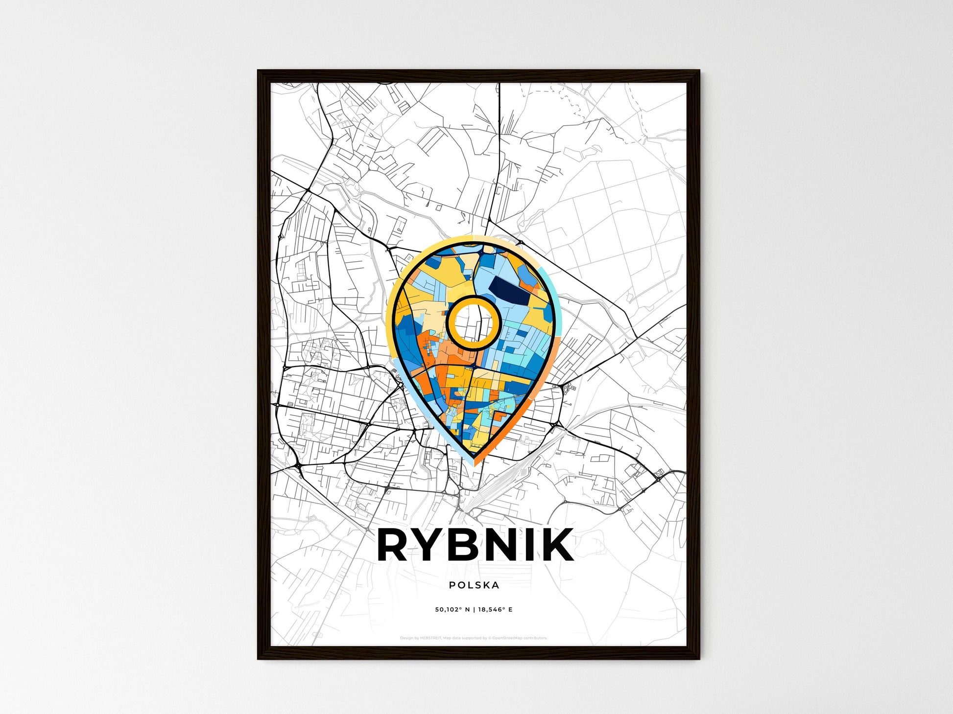 RYBNIK POLAND minimal art map with a colorful icon. Where it all began, Couple map gift. Style 1
