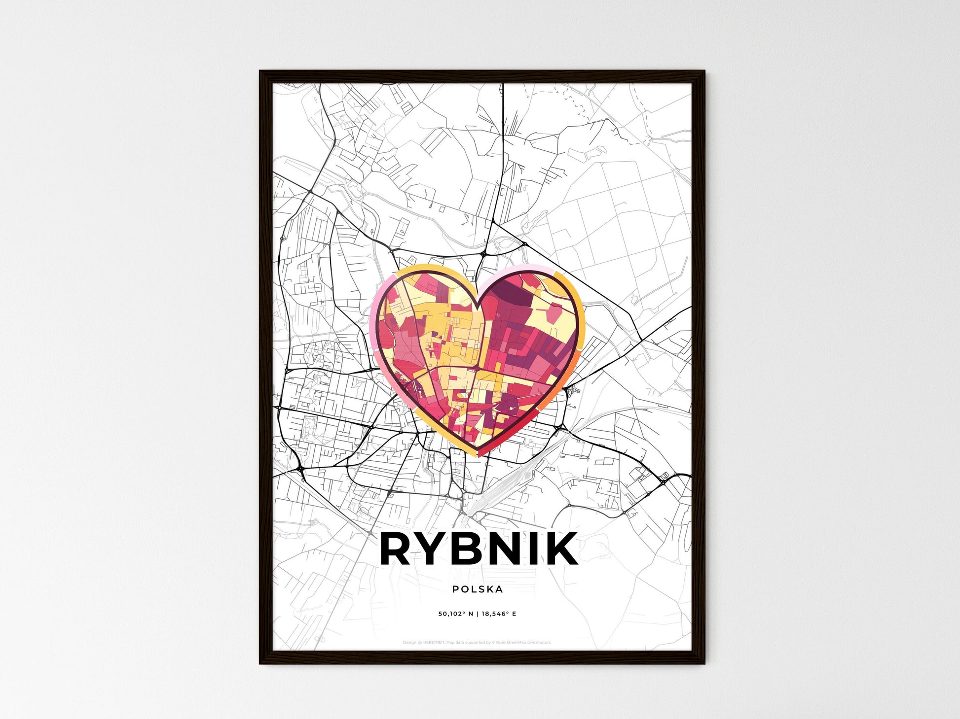 RYBNIK POLAND minimal art map with a colorful icon. Where it all began, Couple map gift. Style 2