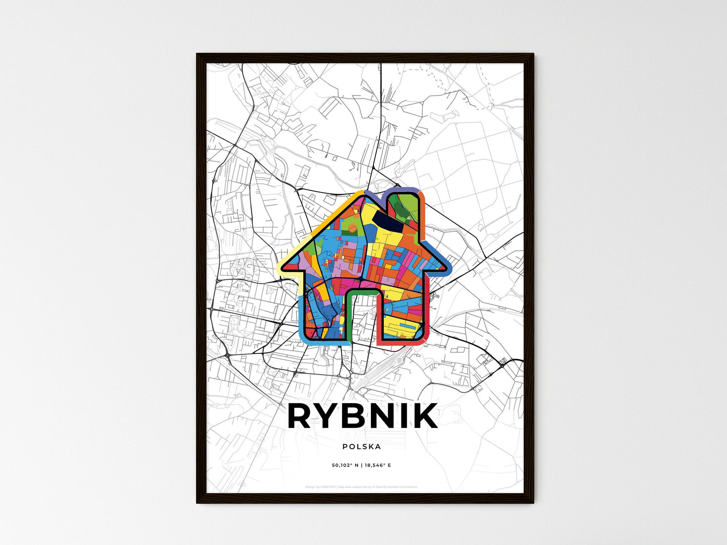 RYBNIK POLAND minimal art map with a colorful icon. Where it all began, Couple map gift. Style 3