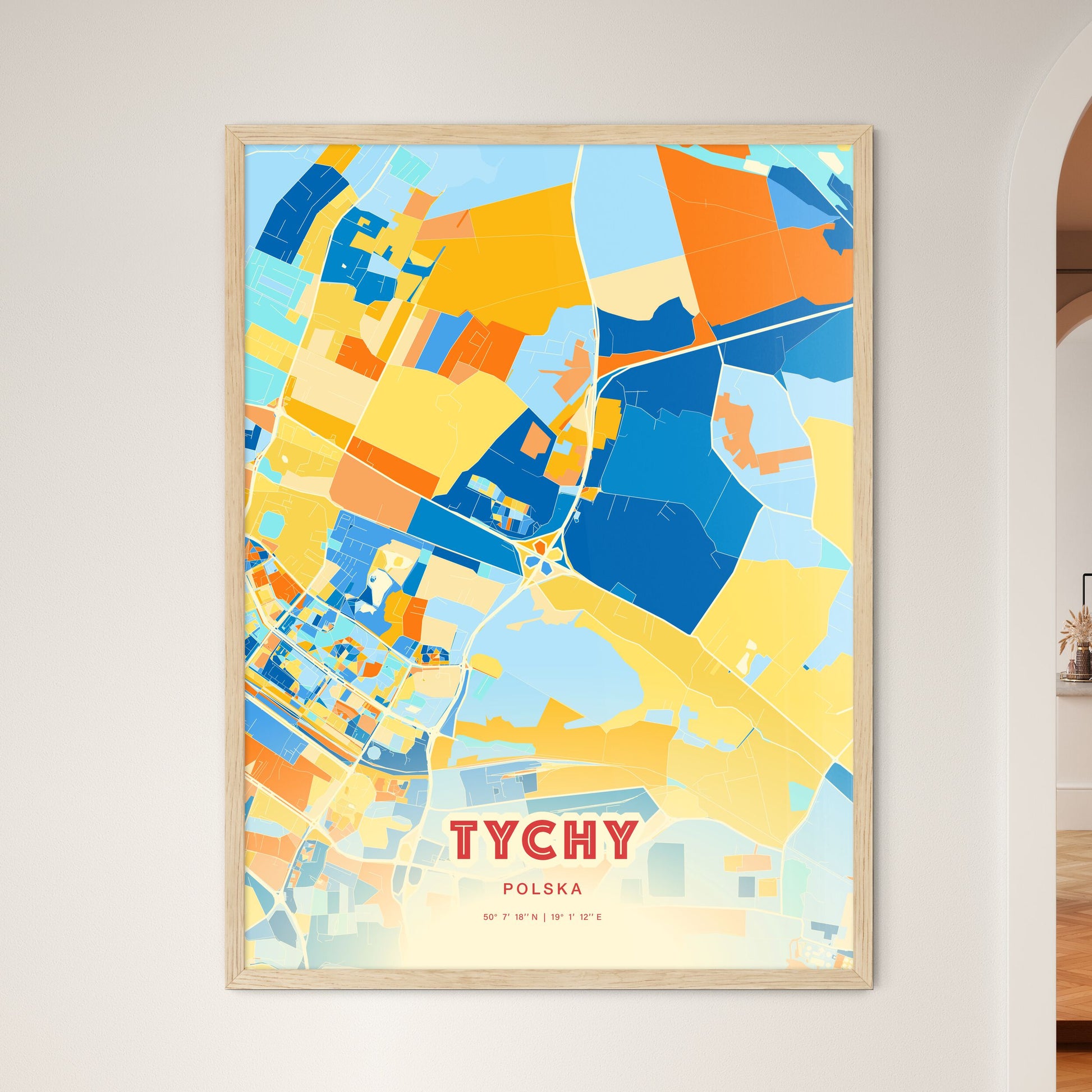 Colorful TYCHY POLAND Fine Art Map Blue Orange