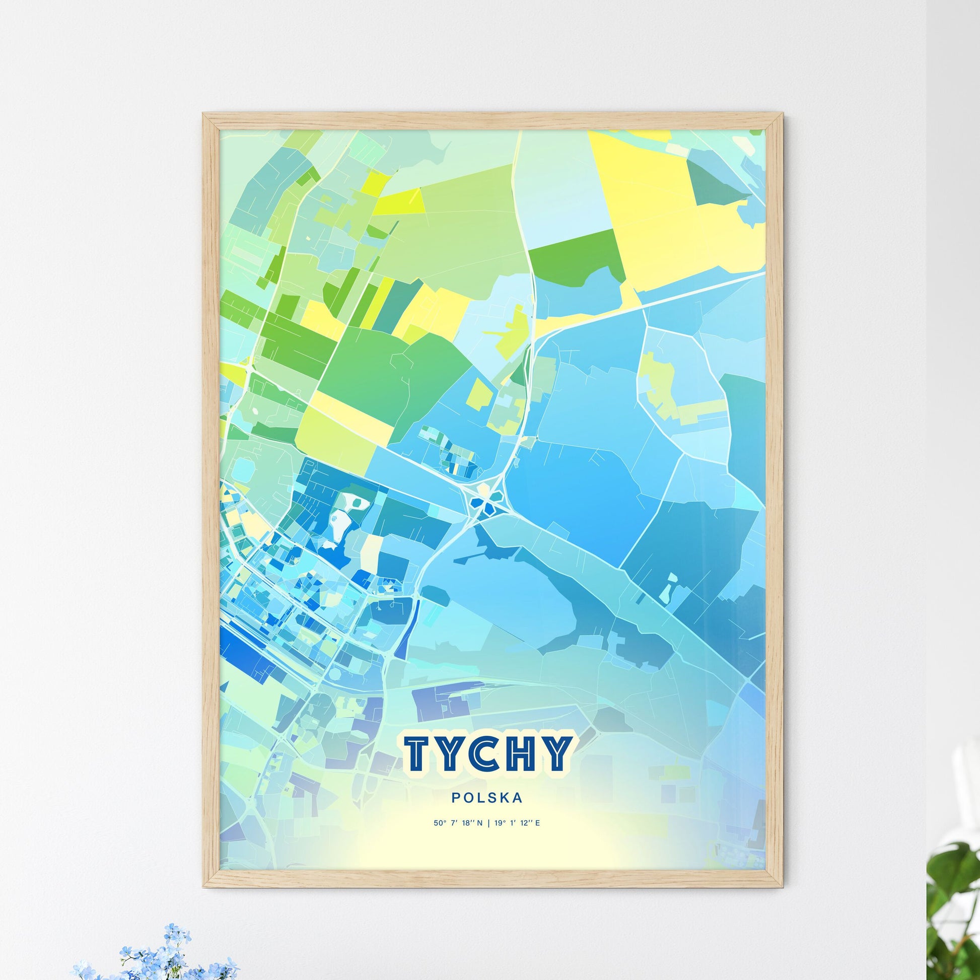 Colorful TYCHY POLAND Fine Art Map Cool Blue