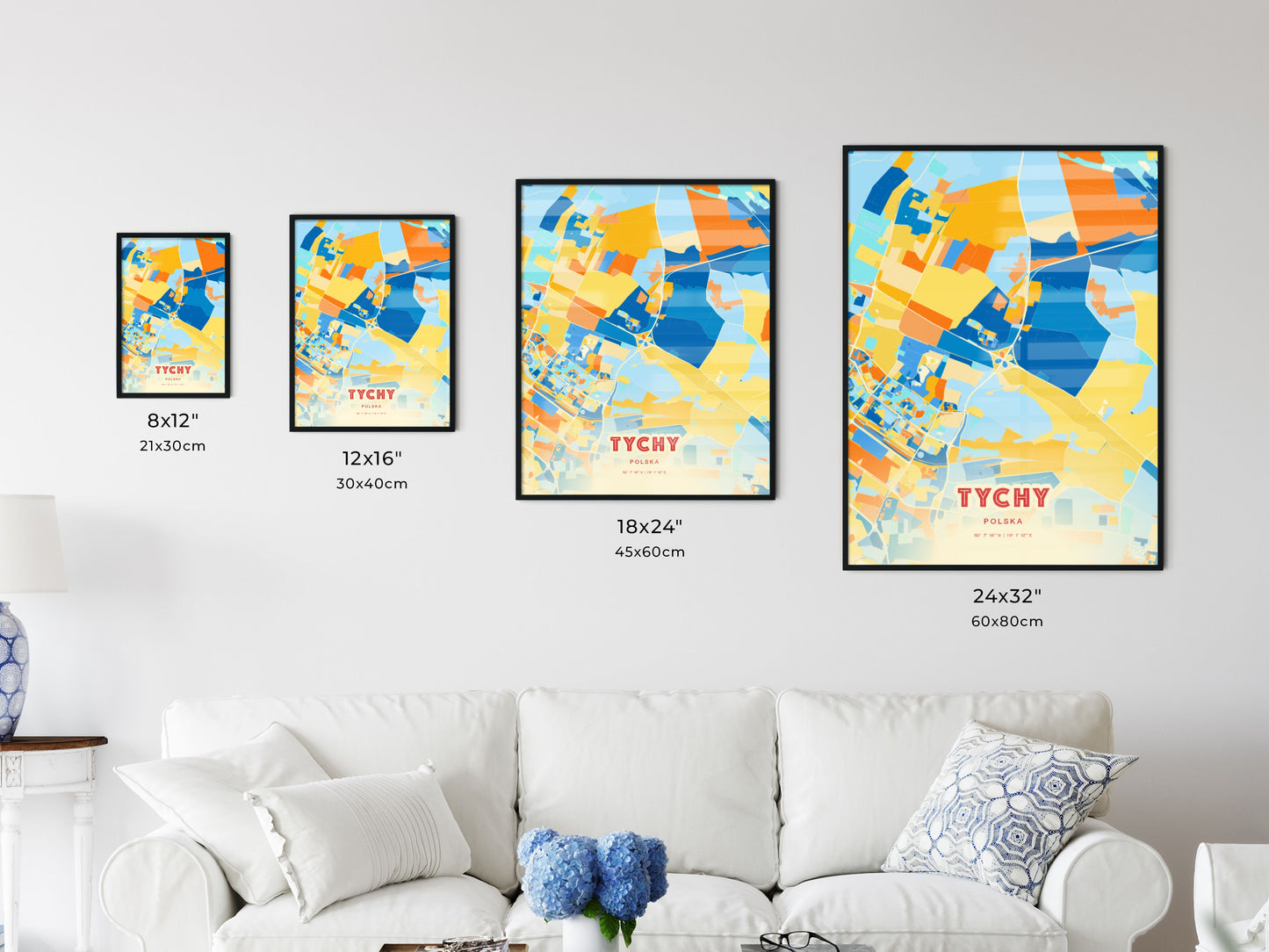 Colorful TYCHY POLAND Fine Art Map Blue Orange