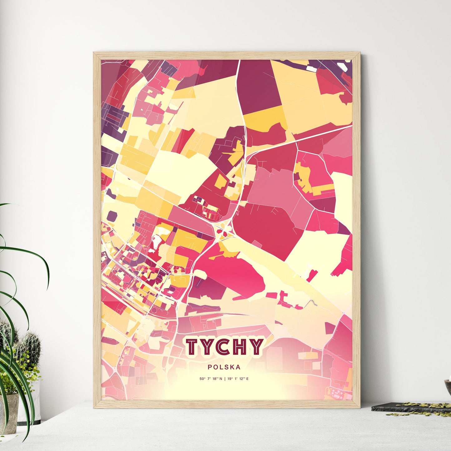 Colorful TYCHY POLAND Fine Art Map Hot Red