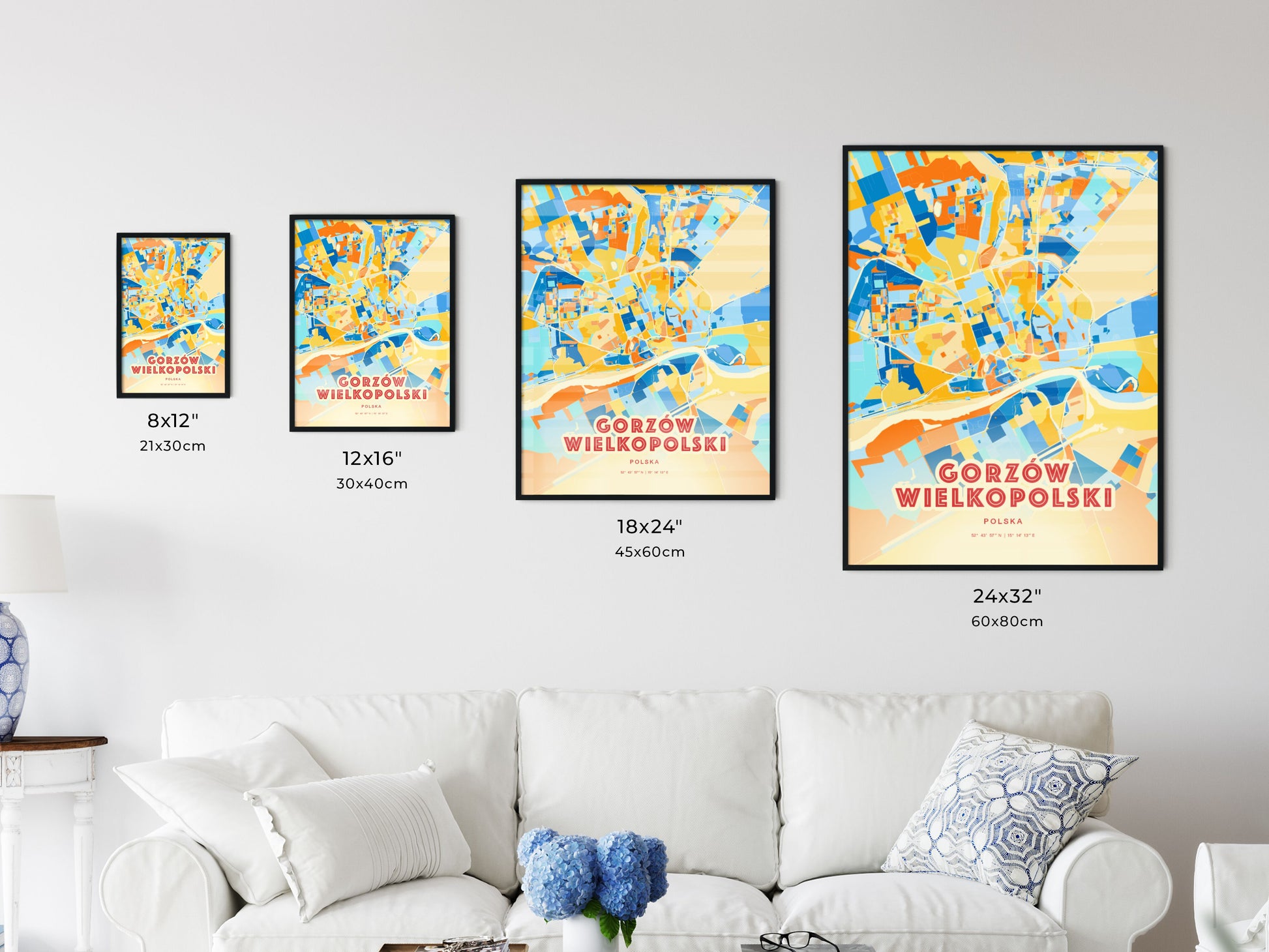 Colorful GORZÓW WIELKOPOLSKI POLAND Fine Art Map Blue Orange