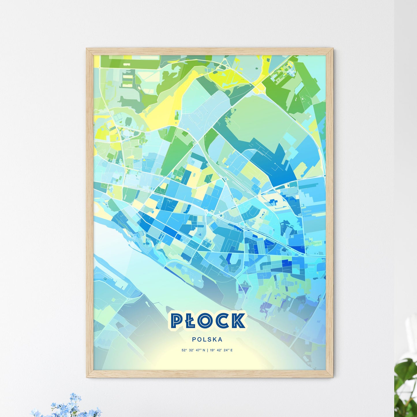 Colorful PŁOCK POLAND Fine Art Map Cool Blue