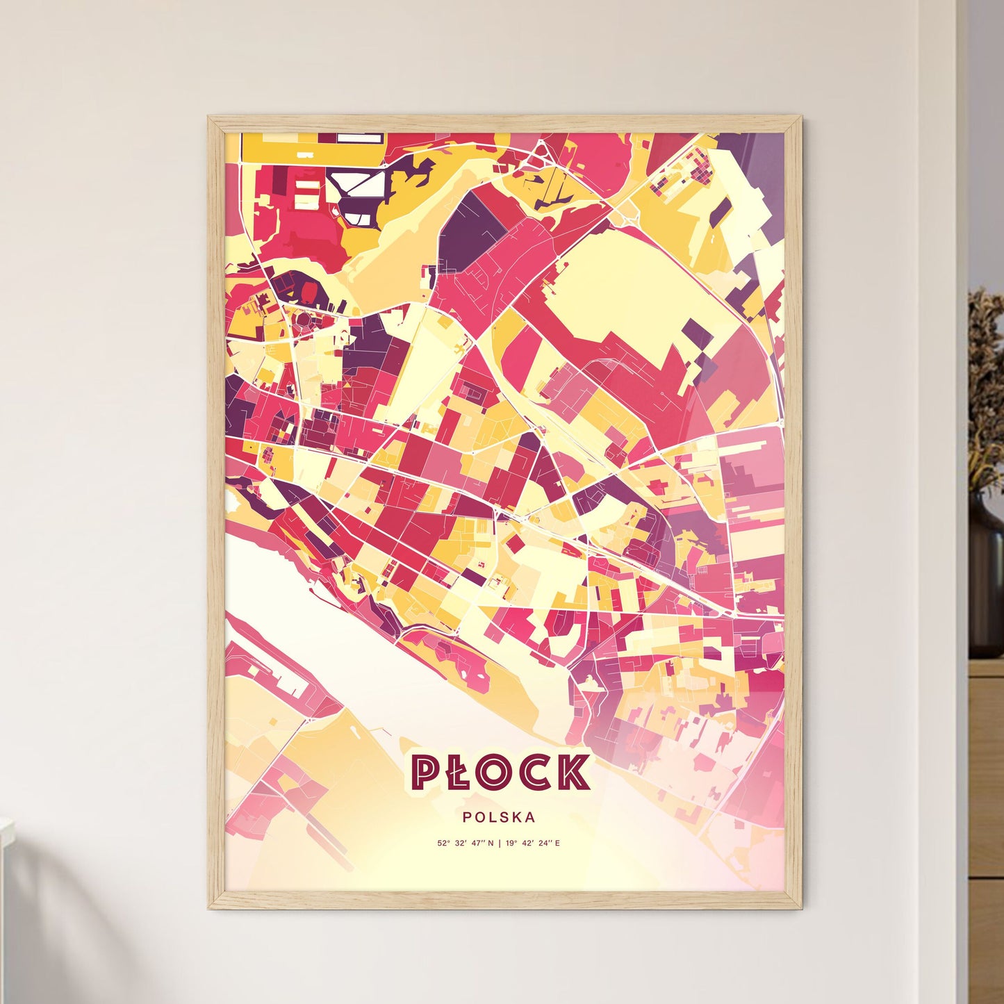 Colorful PŁOCK POLAND Fine Art Map Hot Red