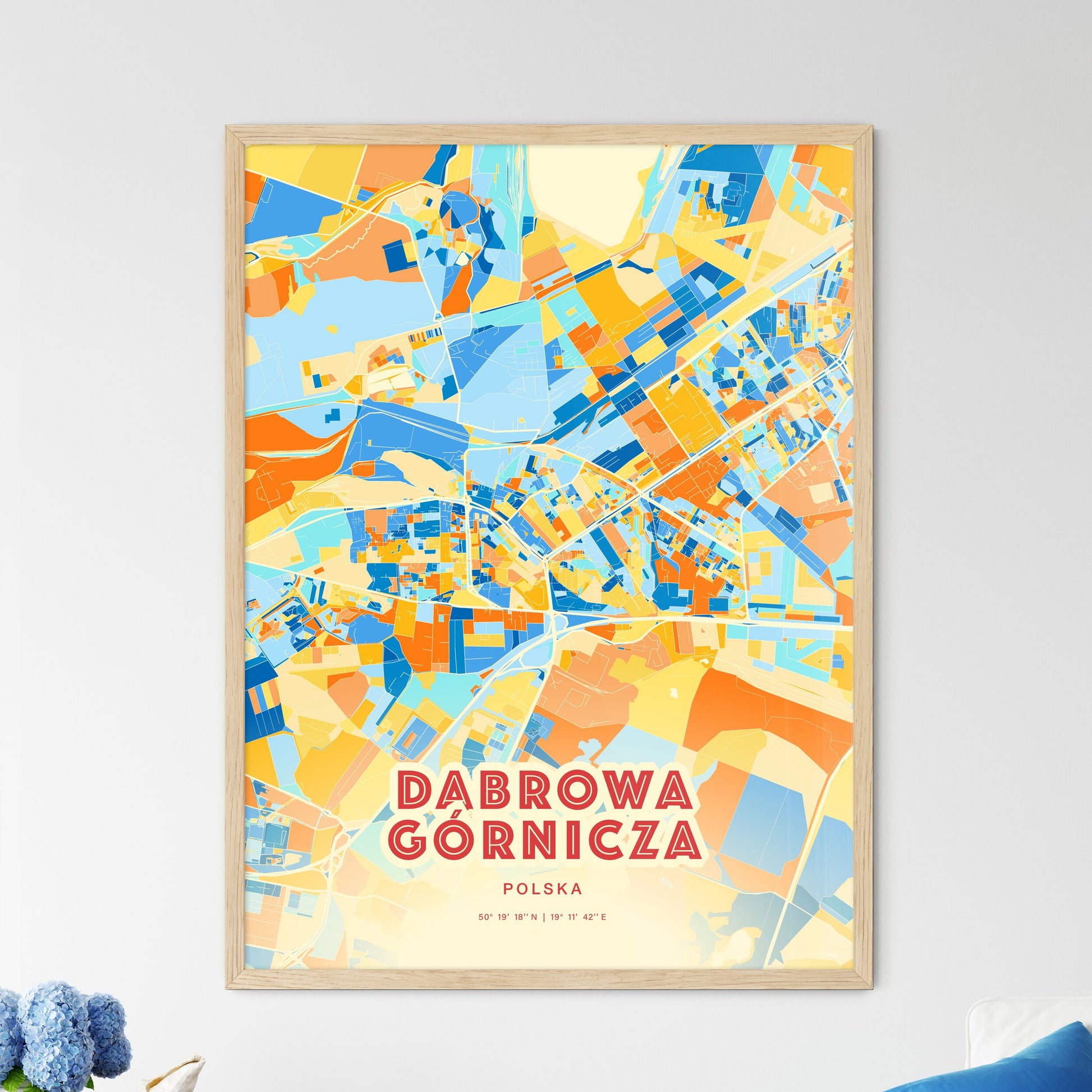 Colorful DĄBROWA GÓRNICZA POLAND Fine Art Map Blue Orange