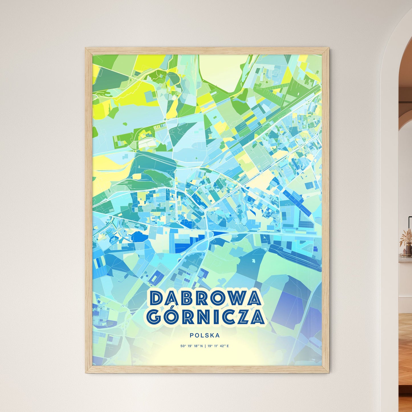 Colorful DĄBROWA GÓRNICZA POLAND Fine Art Map Cool Blue