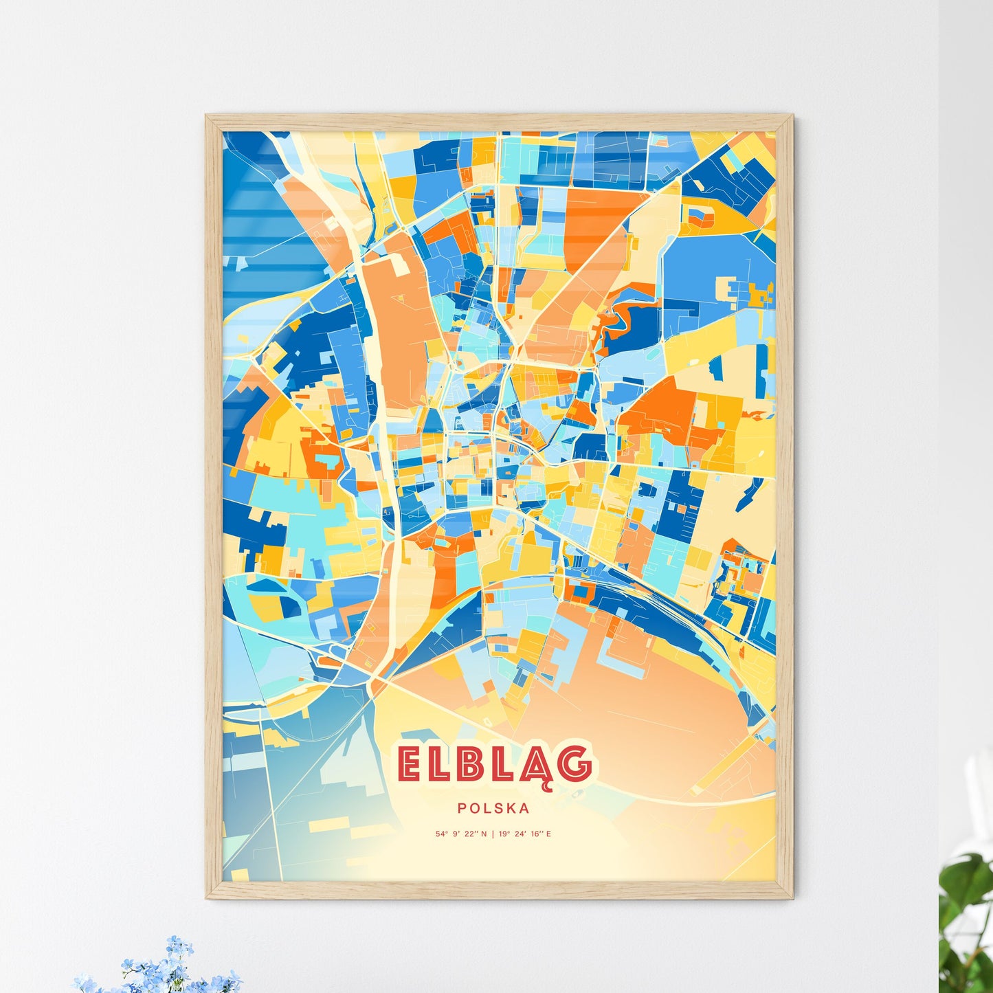 Colorful ELBLĄG POLAND Fine Art Map Blue Orange