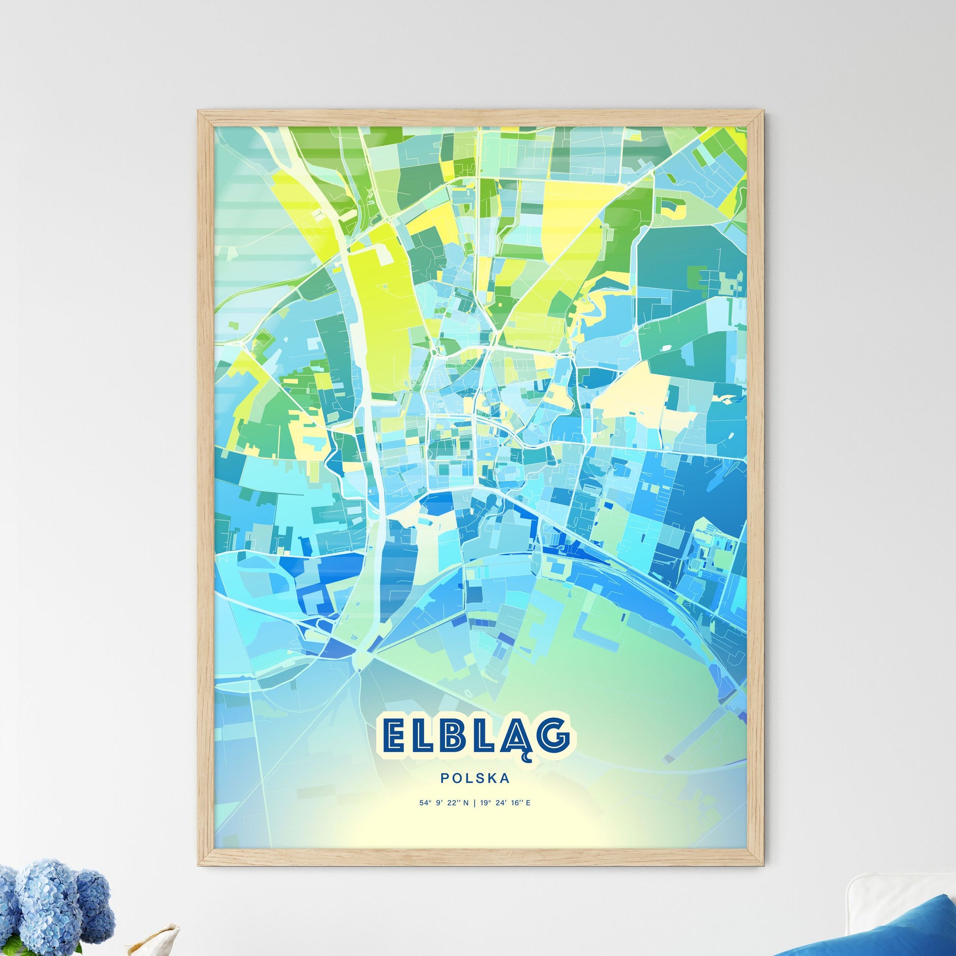 Colorful ELBLĄG POLAND Fine Art Map Cool Blue