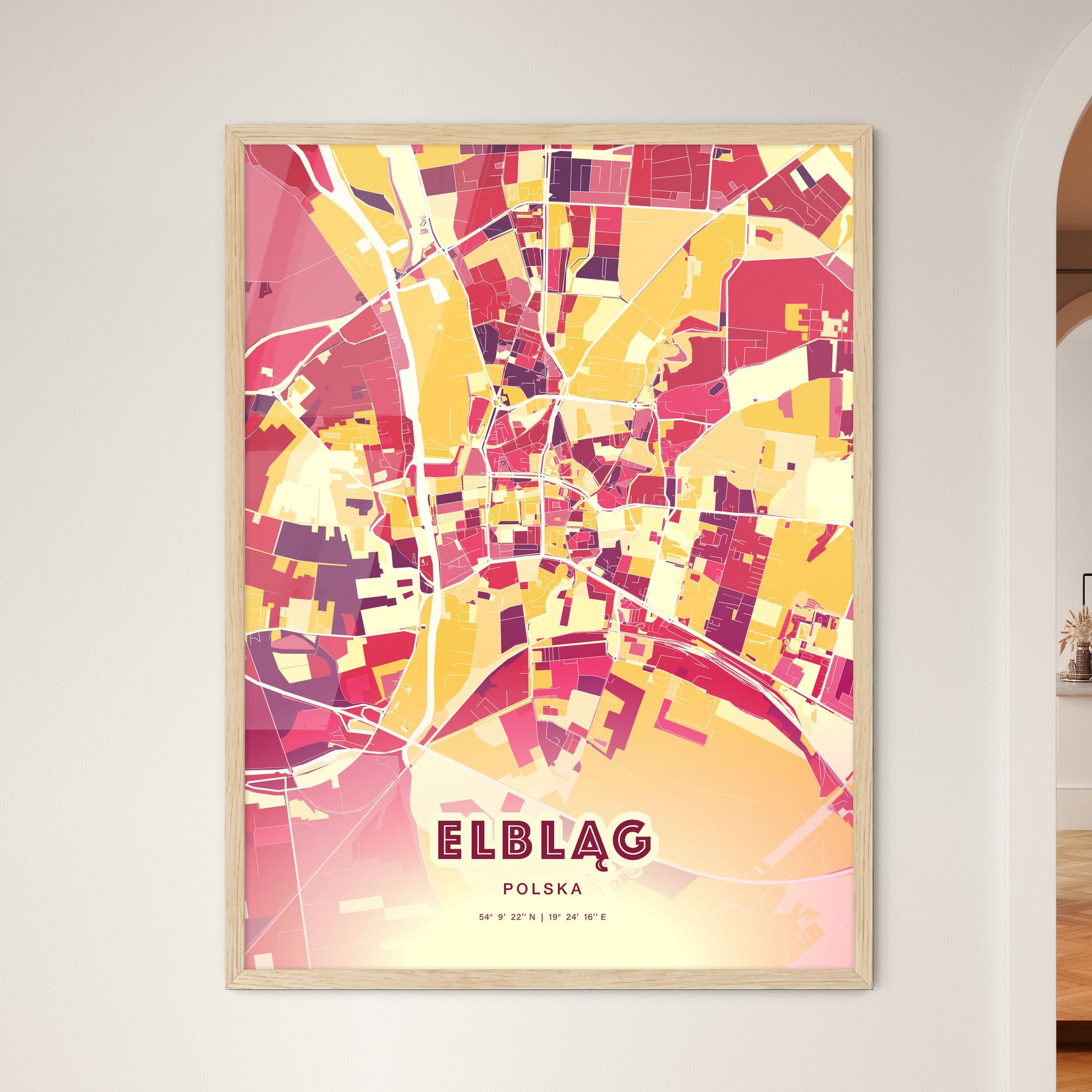 Colorful ELBLĄG POLAND Fine Art Map Hot Red