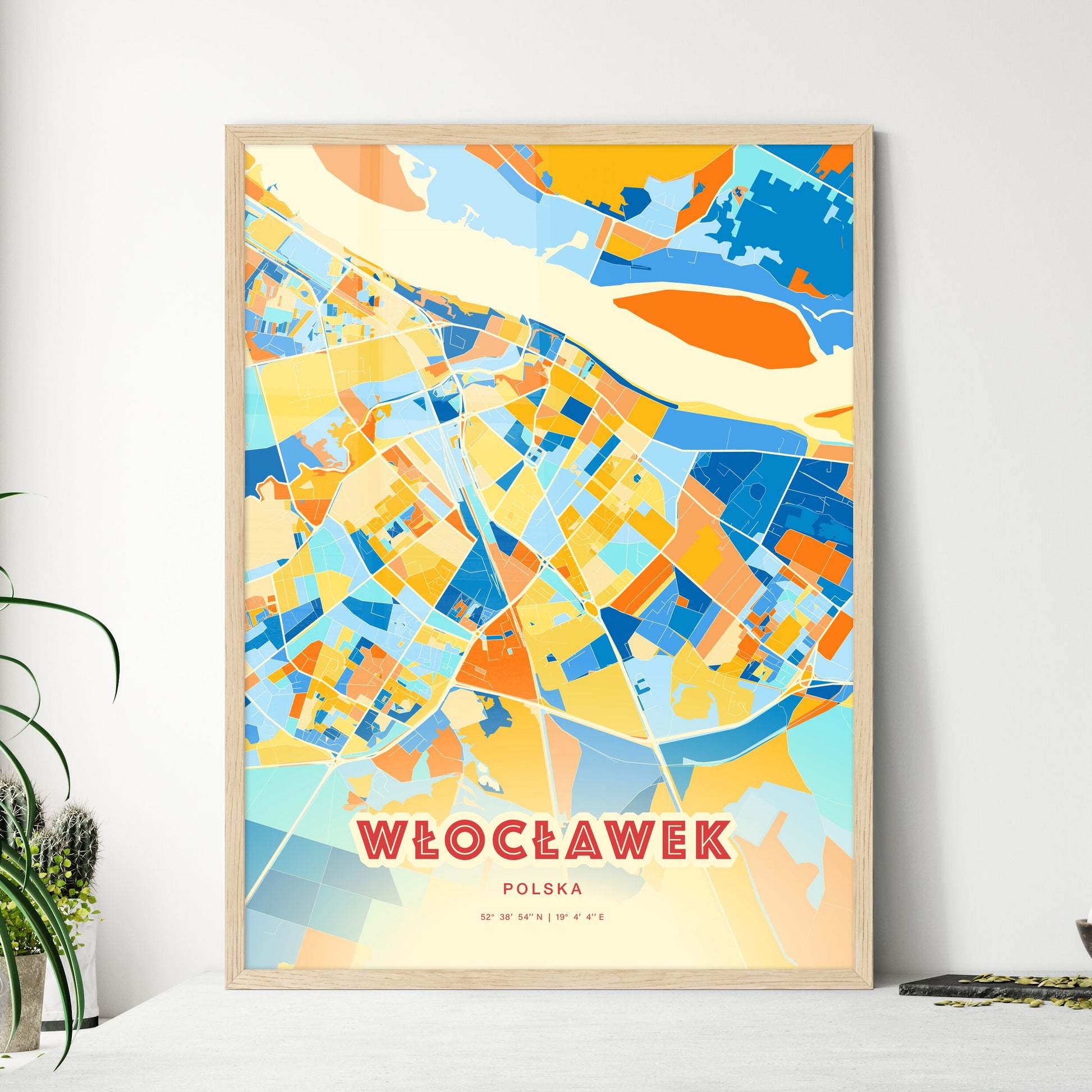 Colorful WŁOCŁAWEK POLAND Fine Art Map Blue Orange