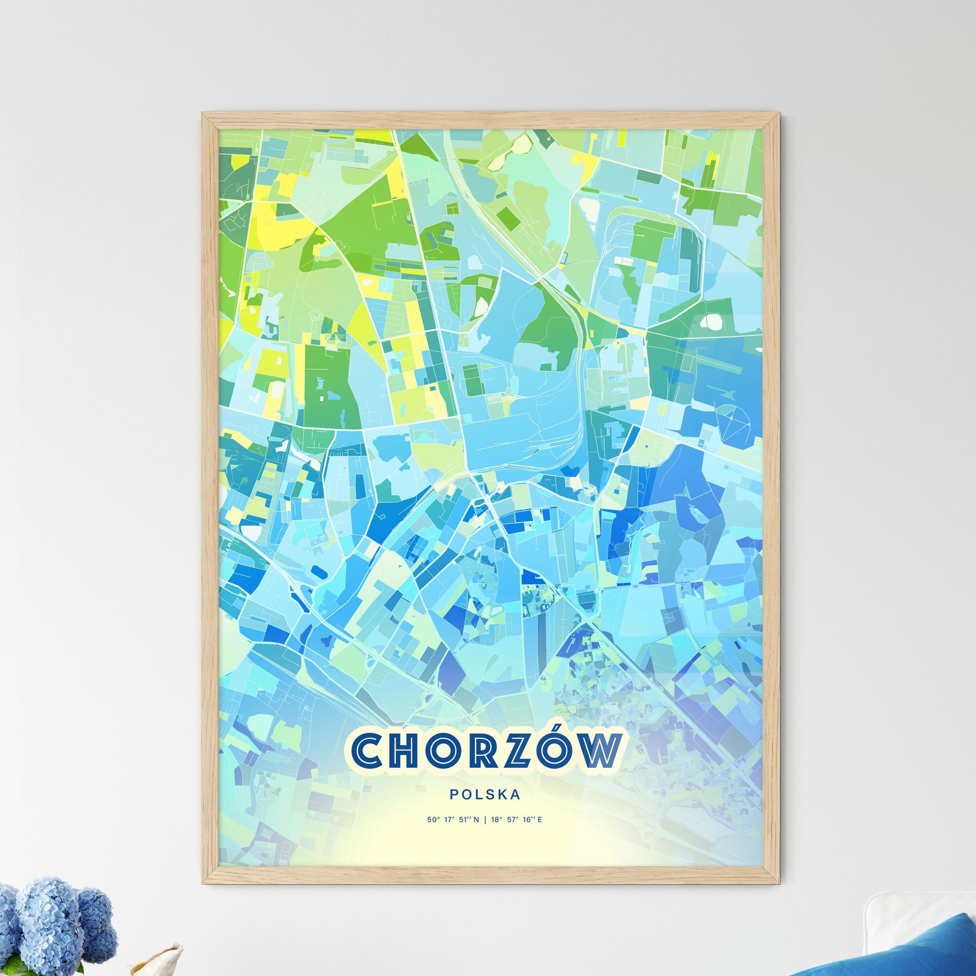 Colorful CHORZÓW POLAND Fine Art Map Cool Blue