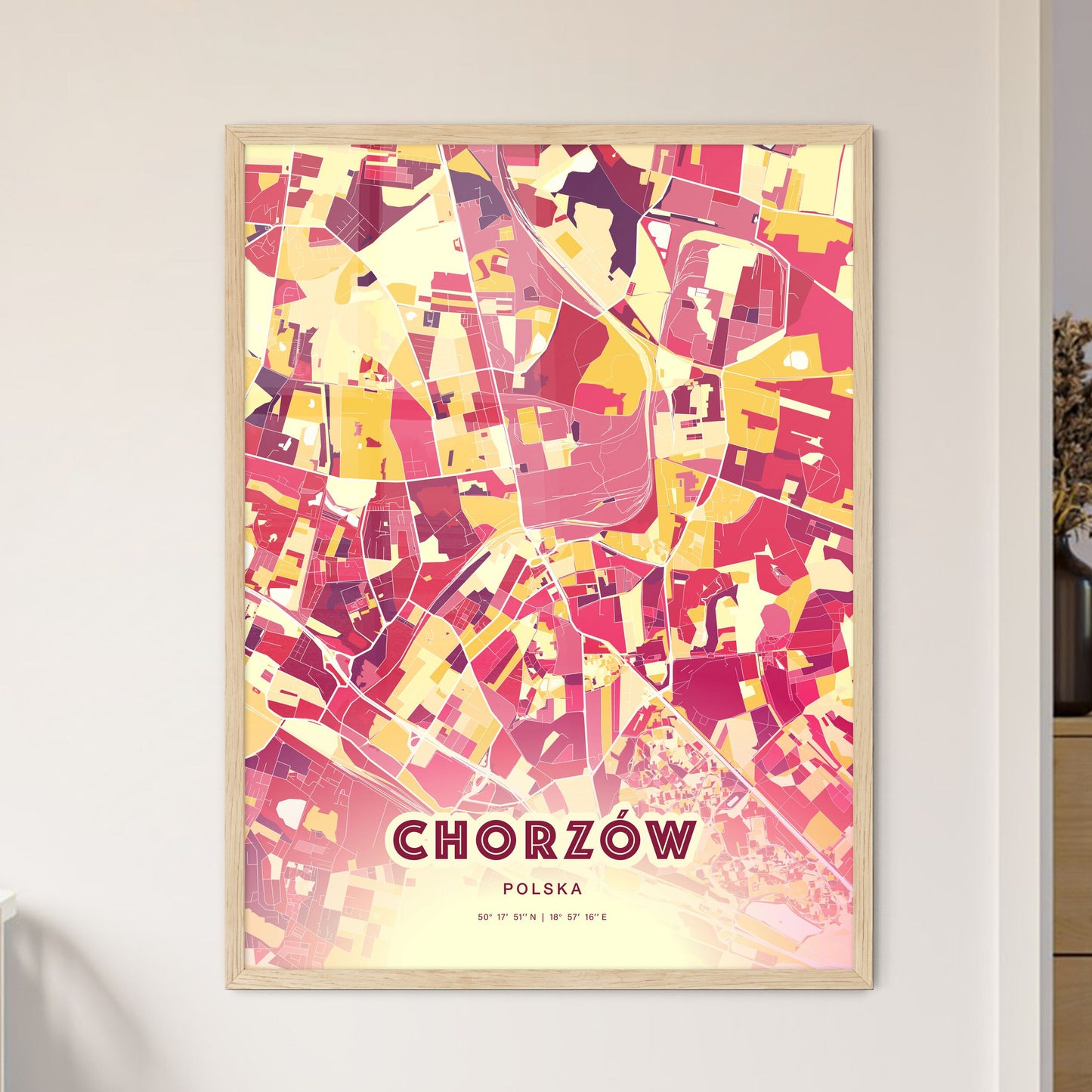 Colorful CHORZÓW POLAND Fine Art Map Hot Red