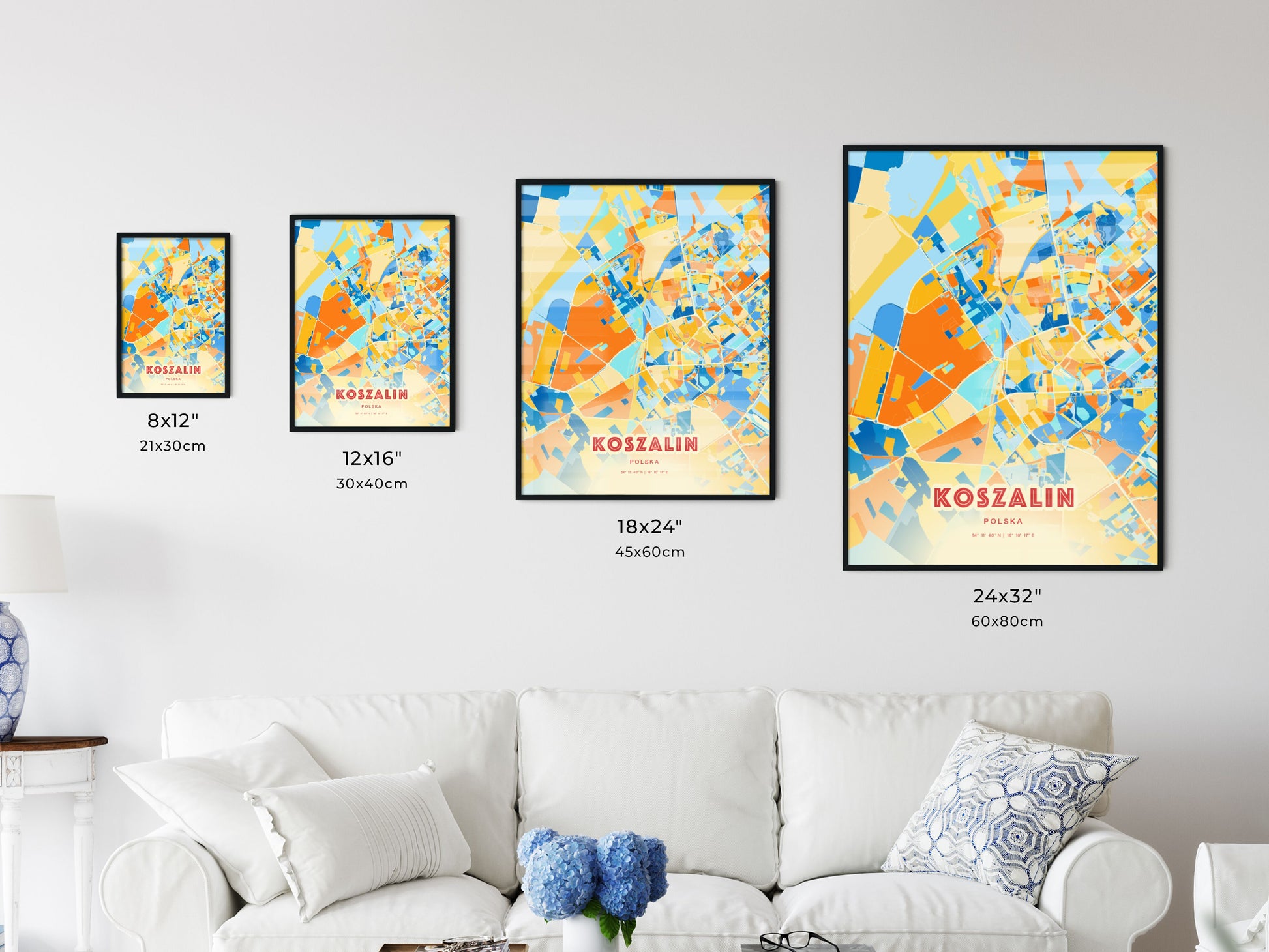 Colorful KOSZALIN POLAND Fine Art Map Blue Orange