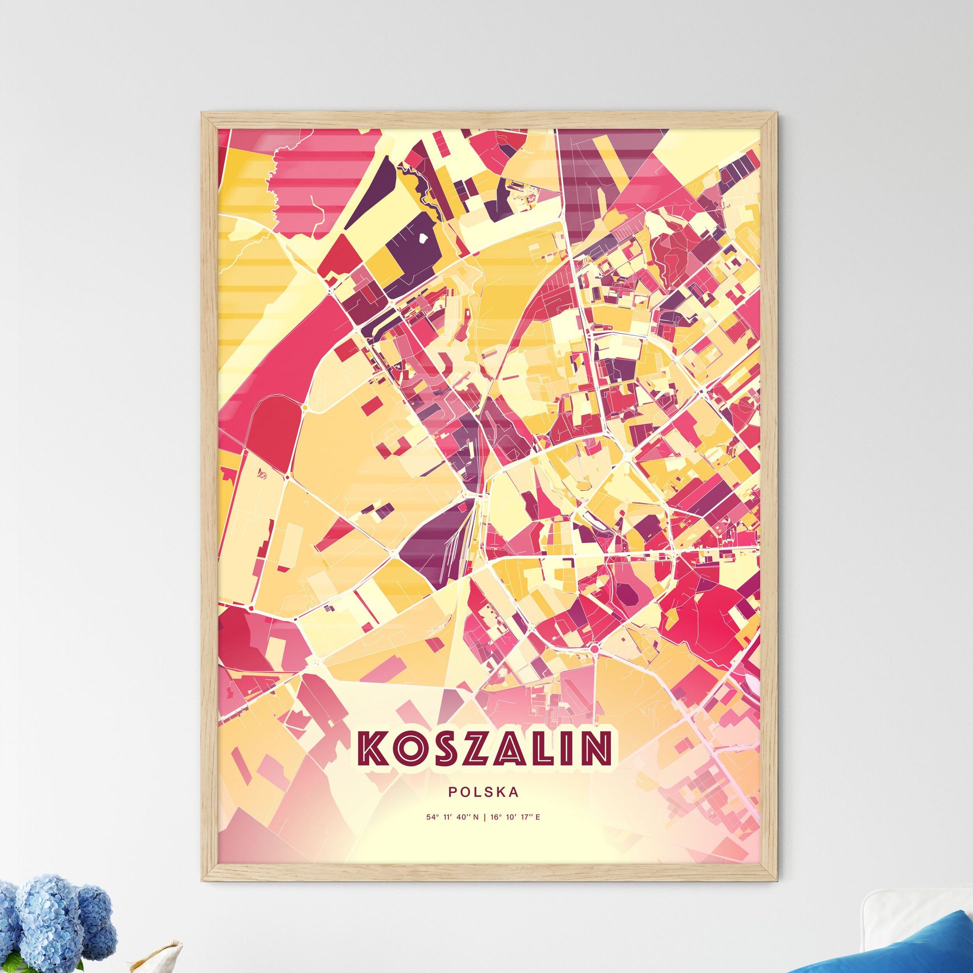 Colorful KOSZALIN POLAND Fine Art Map Hot Red