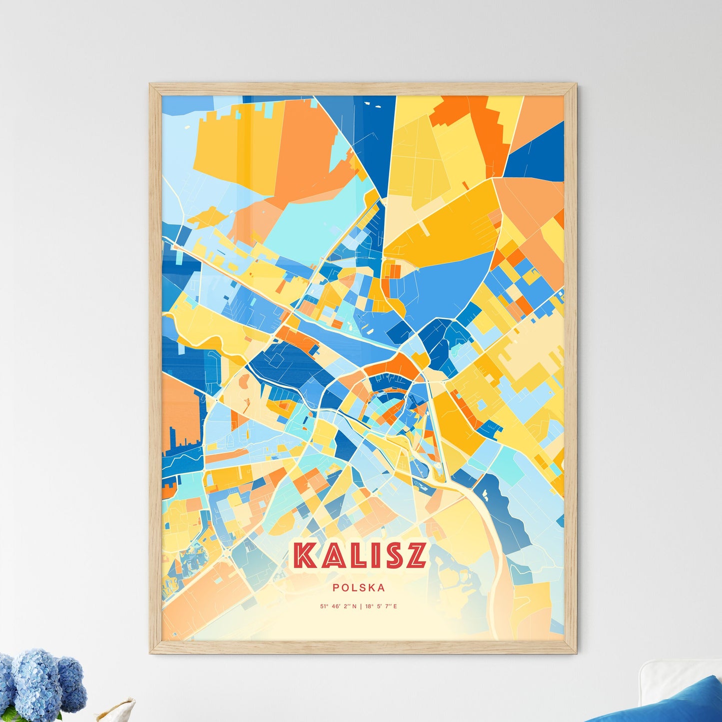 Colorful KALISZ POLAND Fine Art Map Blue Orange