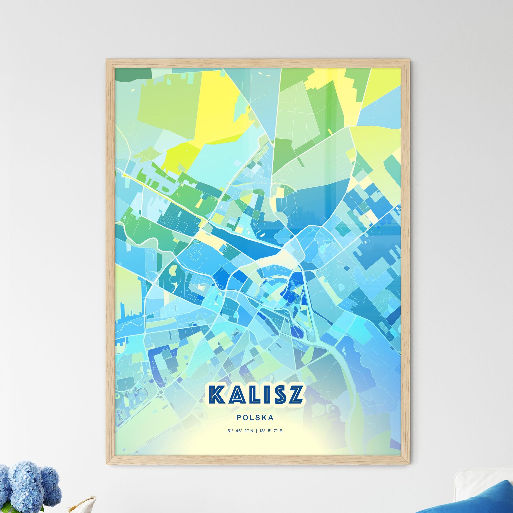 Colorful KALISZ POLAND Fine Art Map Cool Blue