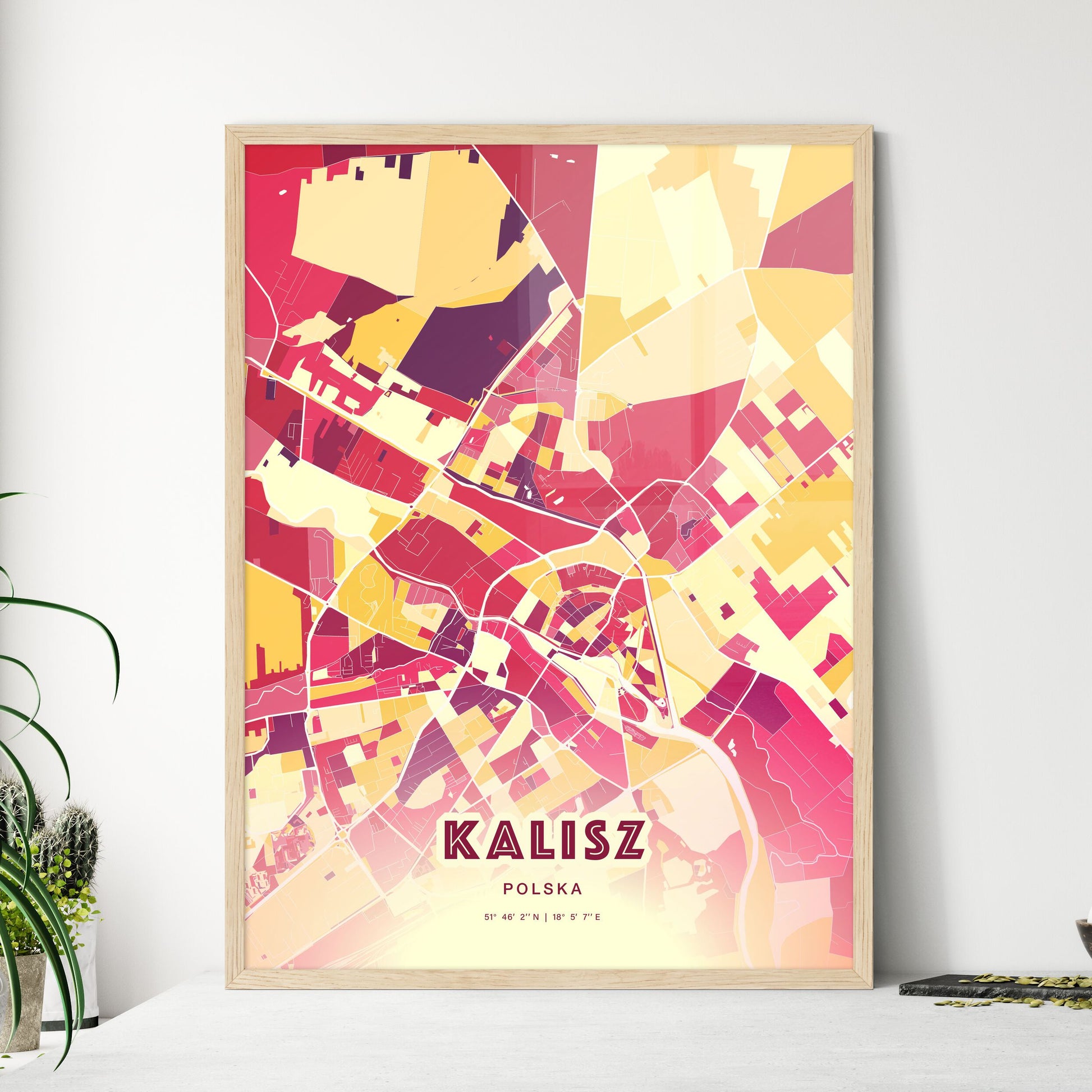 Colorful KALISZ POLAND Fine Art Map Hot Red