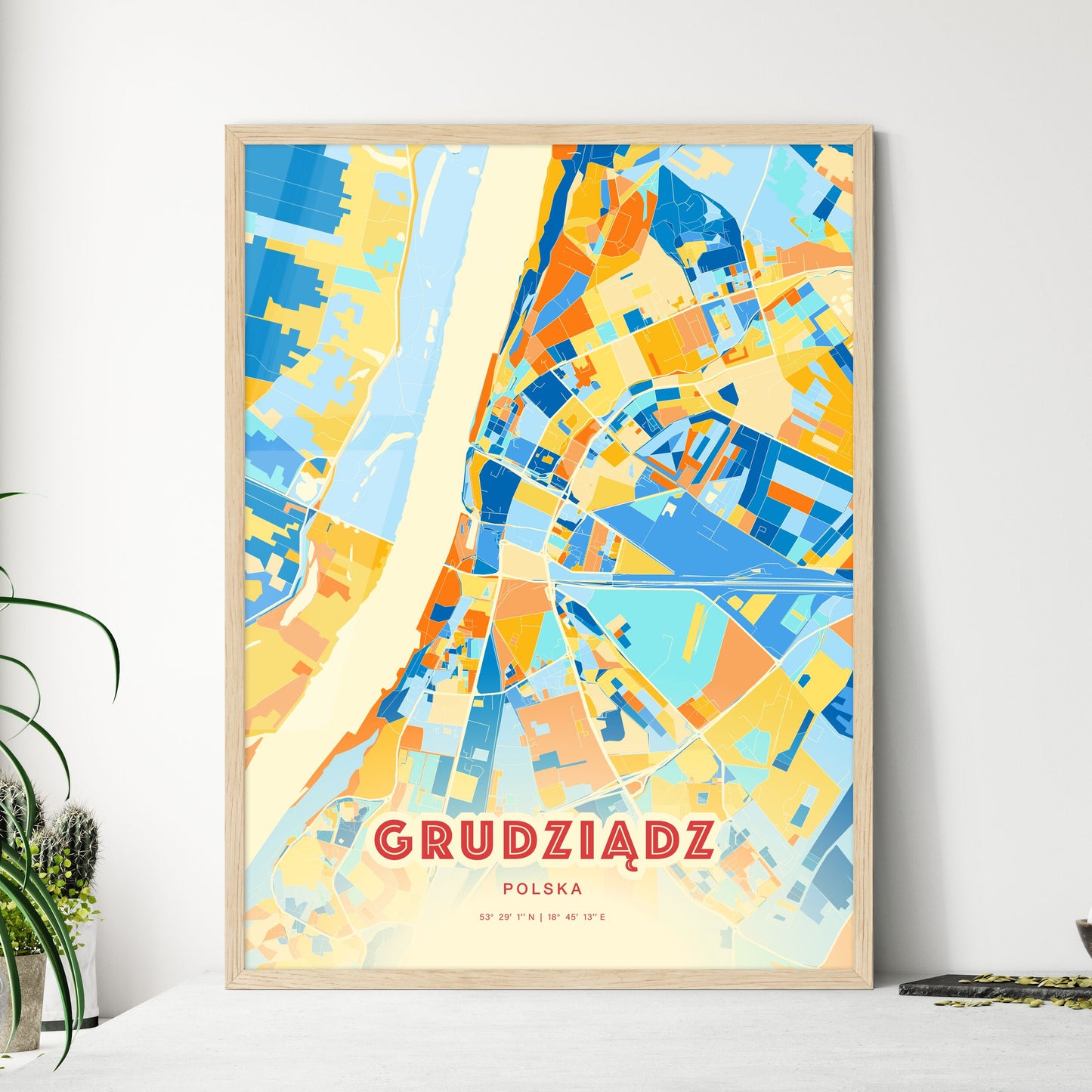 Colorful GRUDZIĄDZ POLAND Fine Art Map Blue Orange