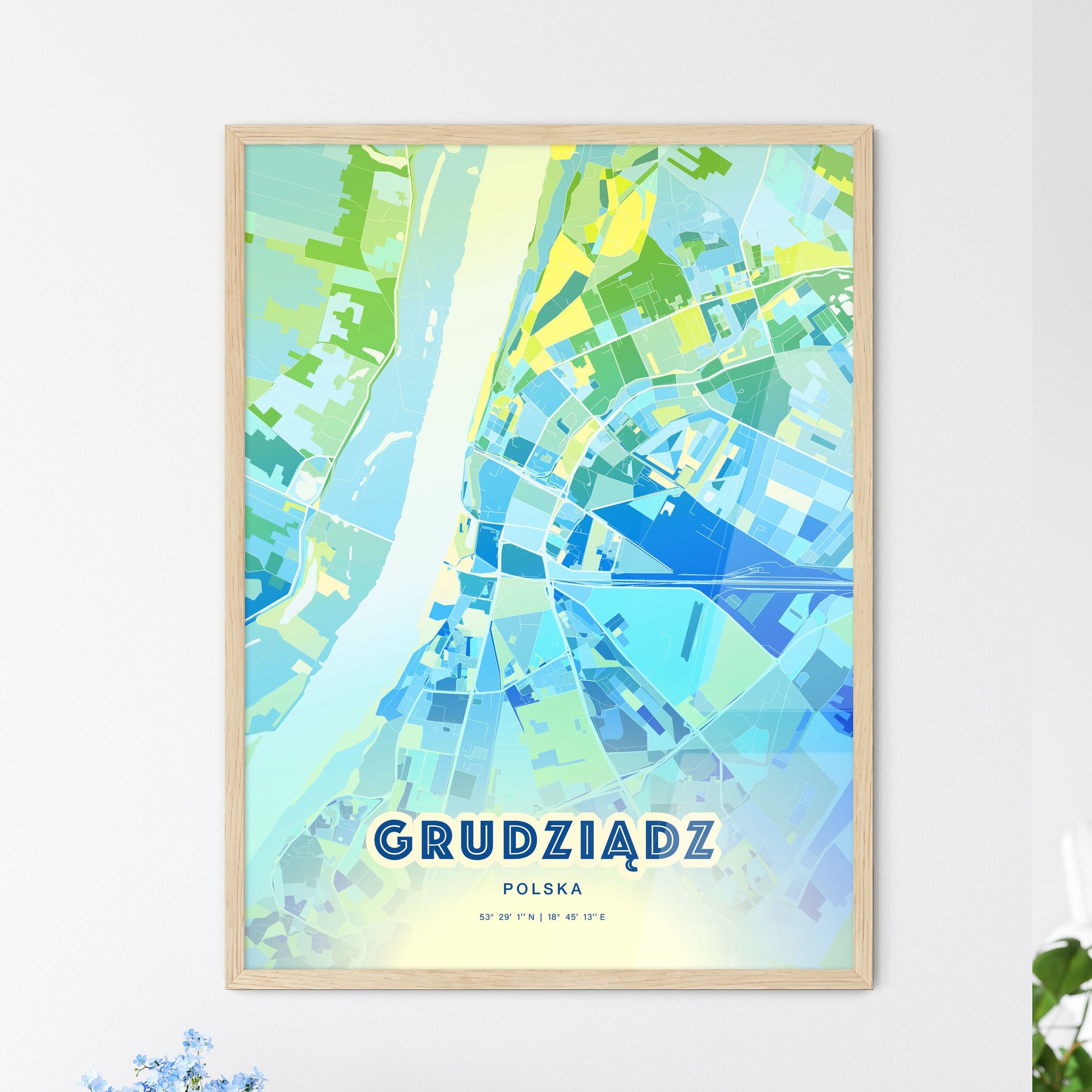 Colorful GRUDZIĄDZ POLAND Fine Art Map Cool Blue