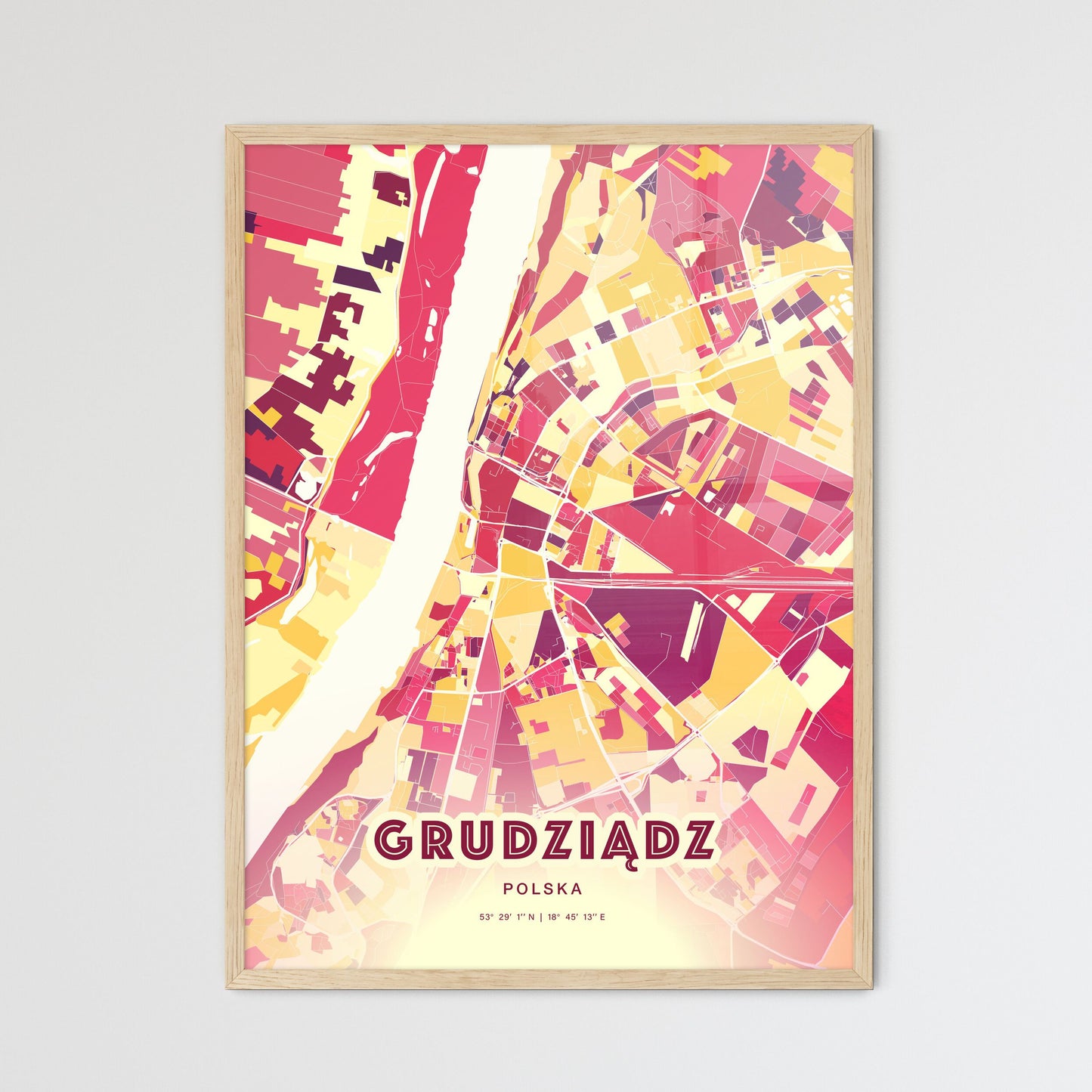 Colorful GRUDZIĄDZ POLAND Fine Art Map Hot Red