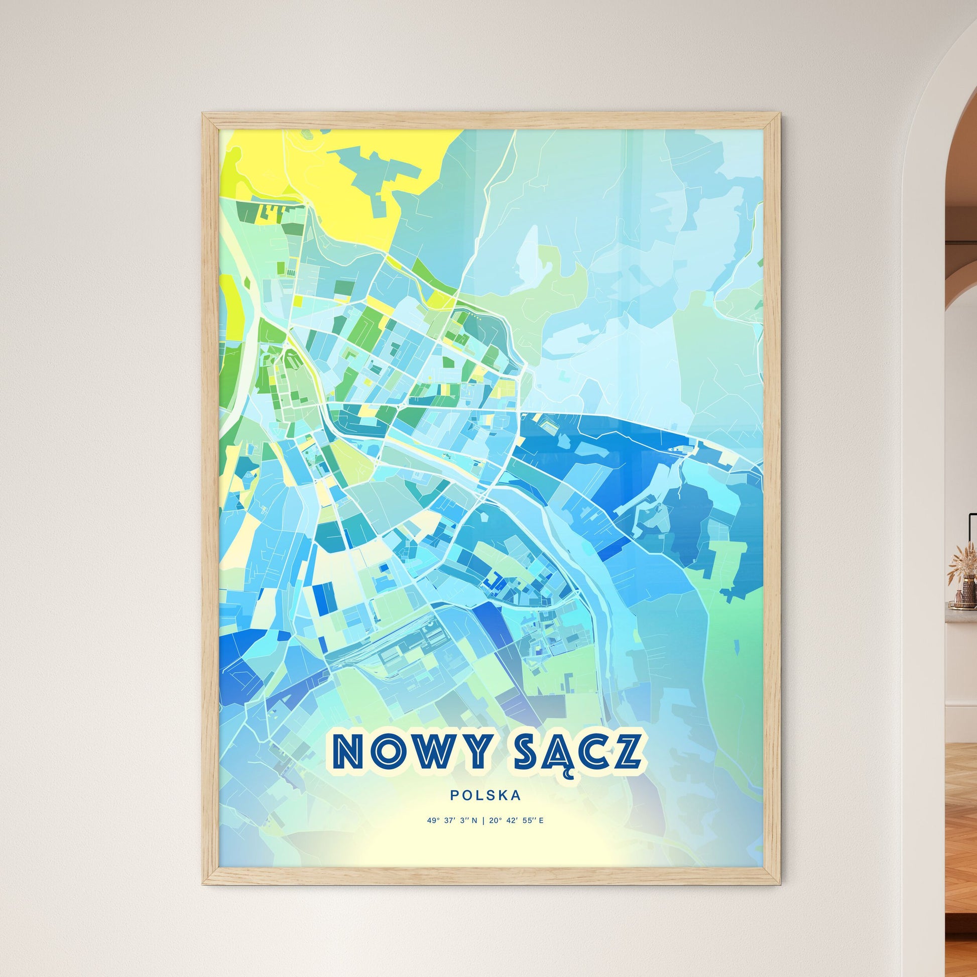 Colorful NOWY SĄCZ POLAND Fine Art Map Cool Blue