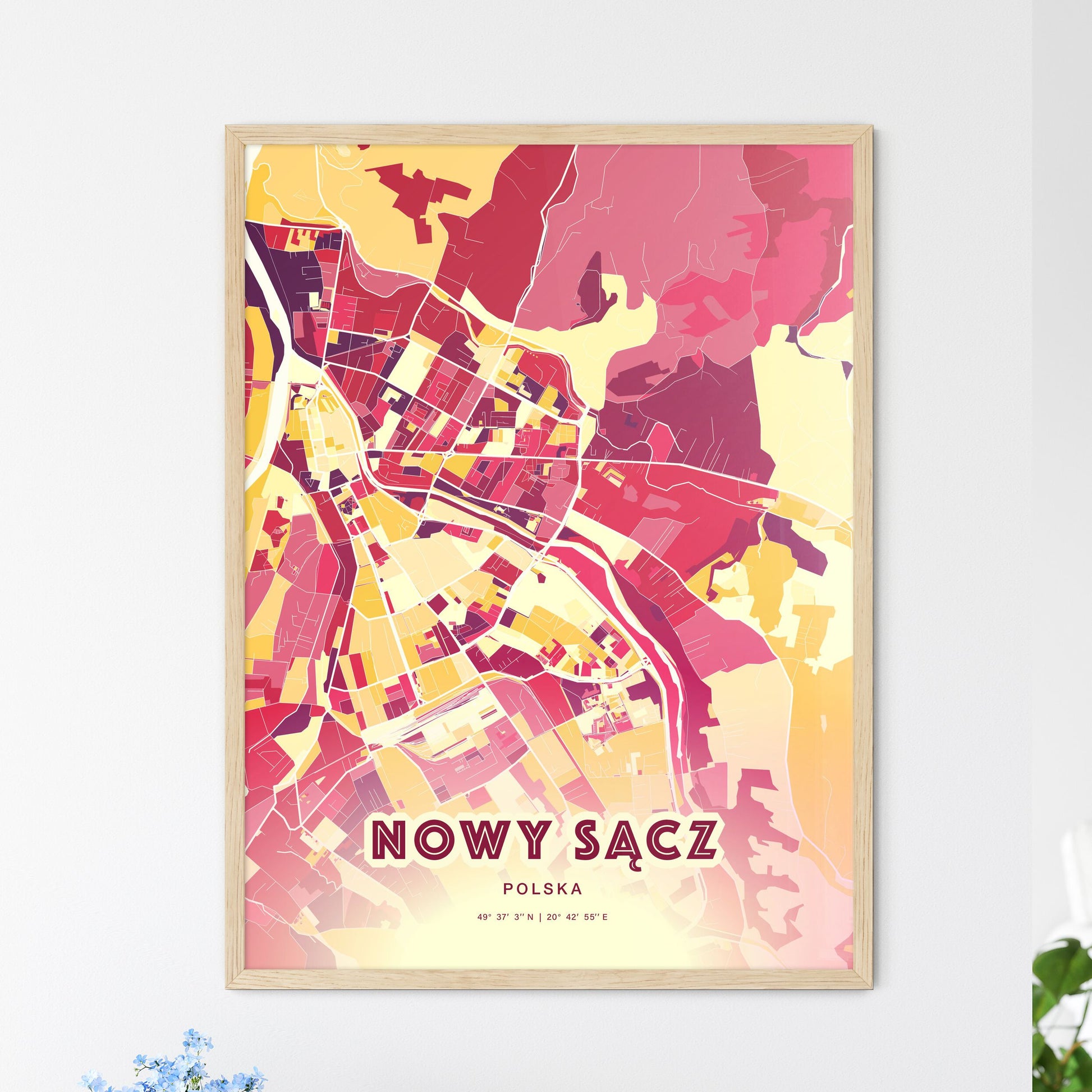 Colorful NOWY SĄCZ POLAND Fine Art Map Hot Red