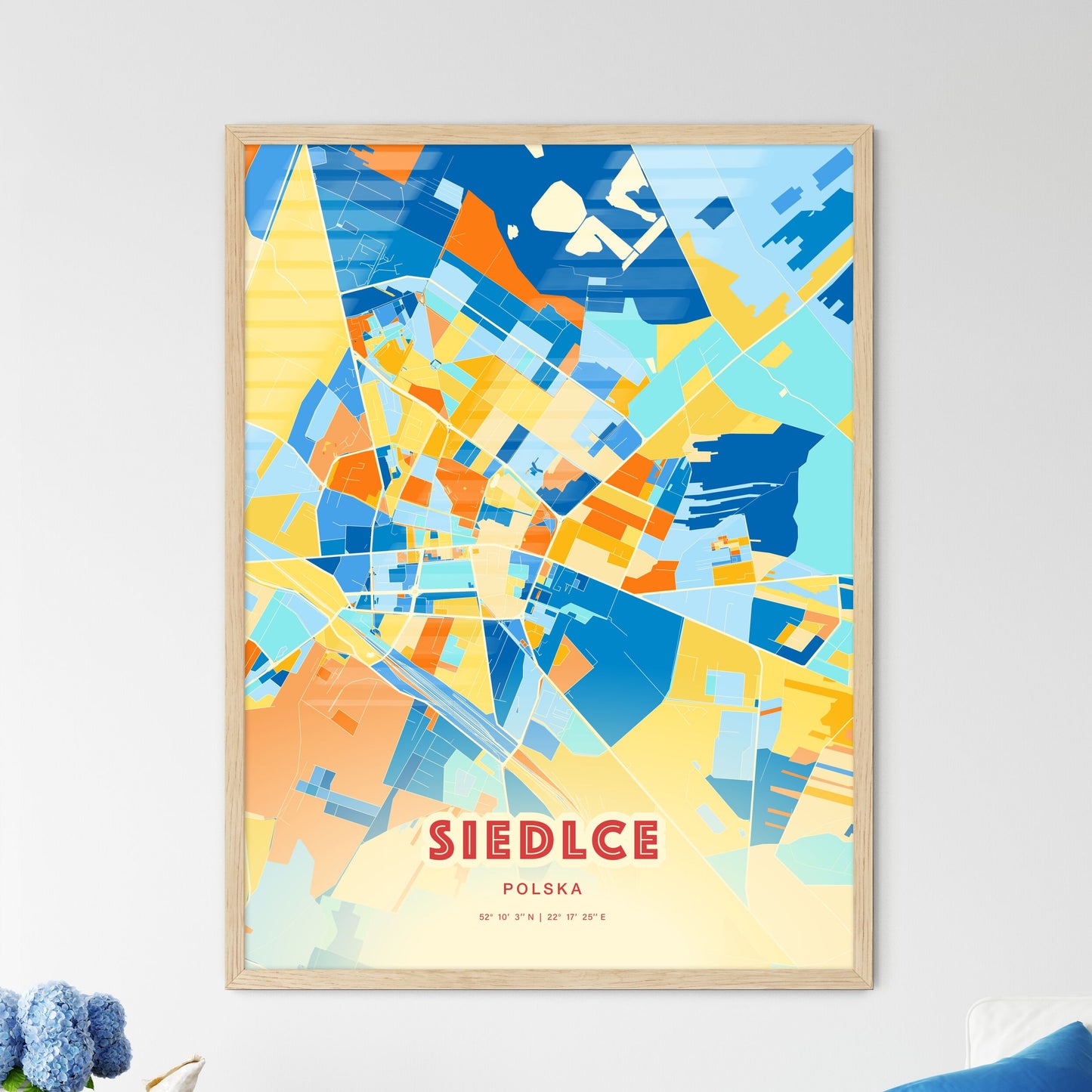 Colorful SIEDLCE POLAND Fine Art Map Blue Orange