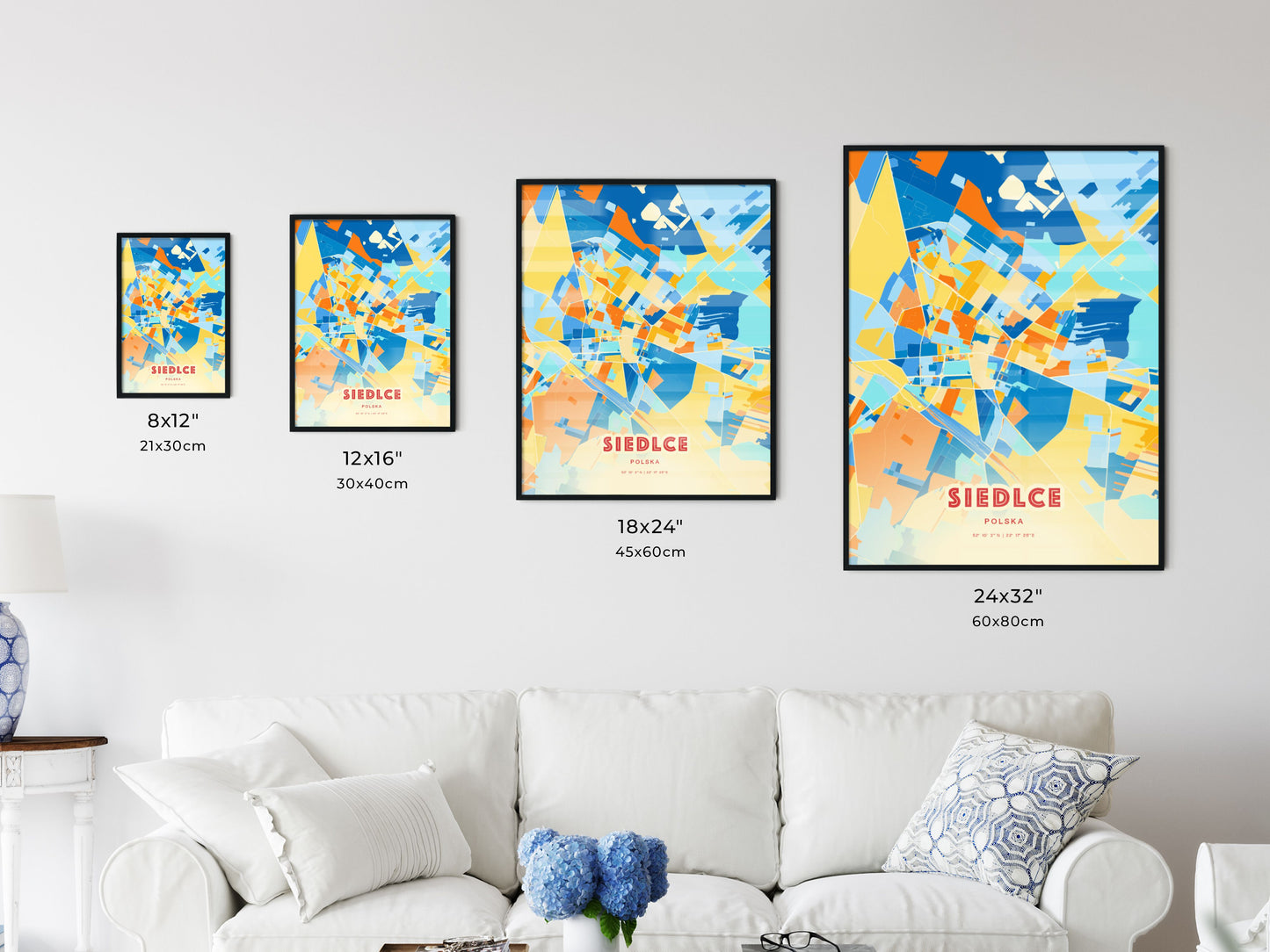 Colorful SIEDLCE POLAND Fine Art Map Blue Orange