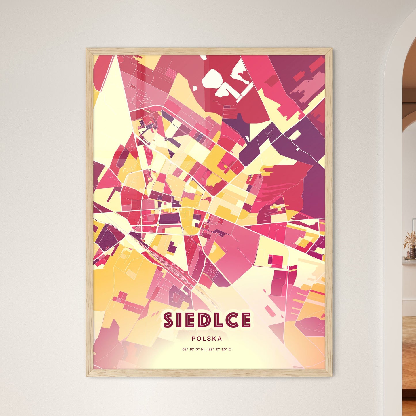 Colorful SIEDLCE POLAND Fine Art Map Hot Red