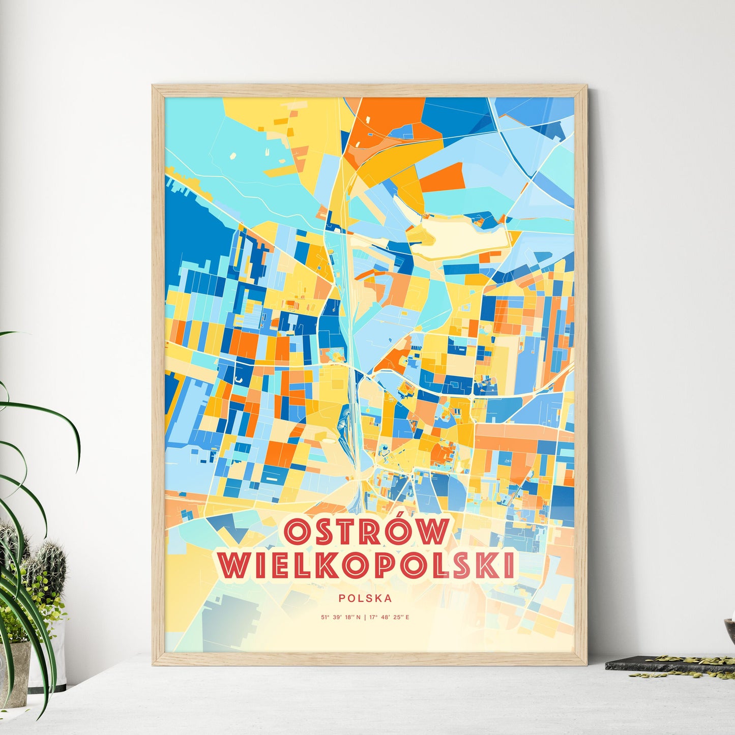 Colorful OSTRÓW WIELKOPOLSKI POLAND Fine Art Map Blue Orange