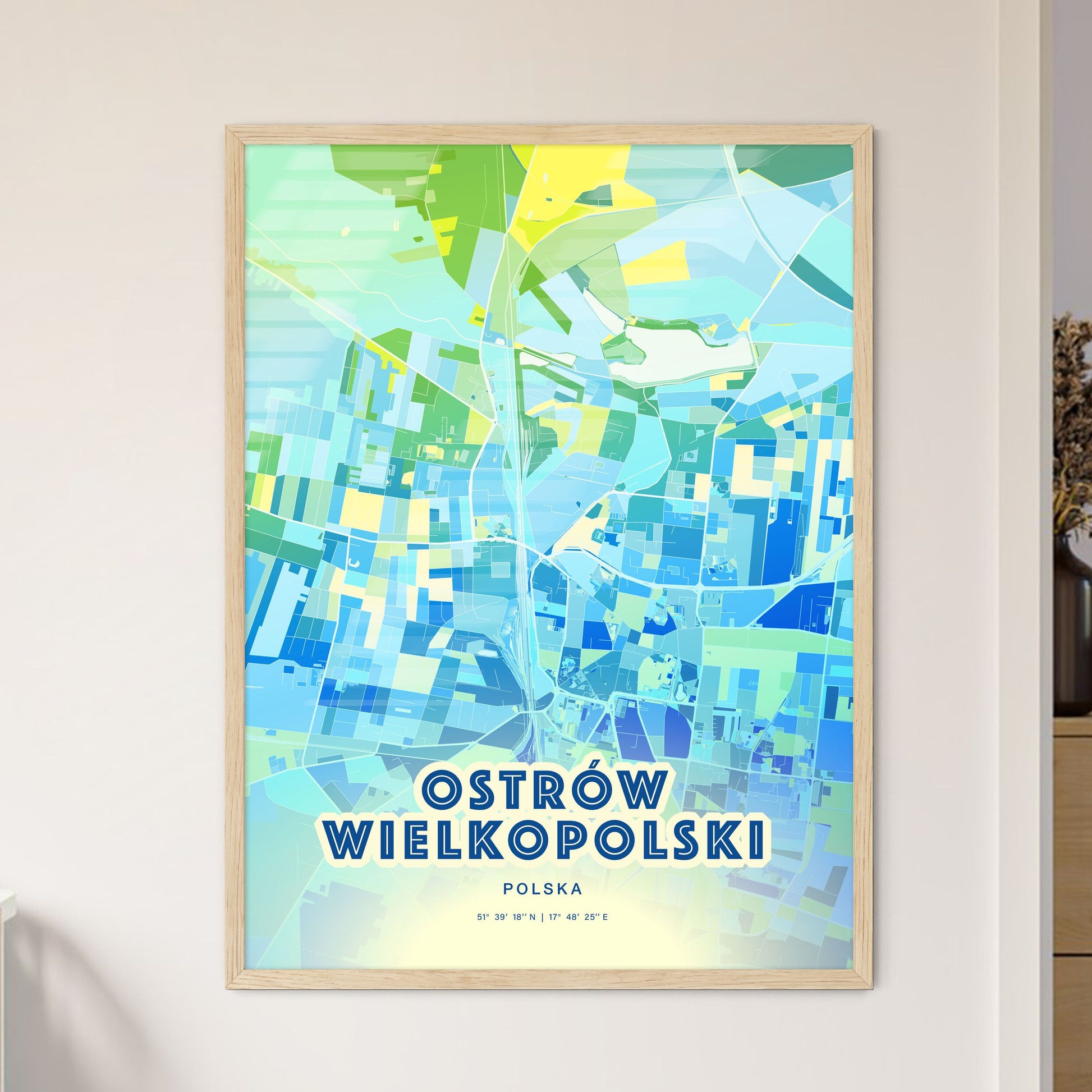 Colorful OSTRÓW WIELKOPOLSKI POLAND Fine Art Map Cool Blue