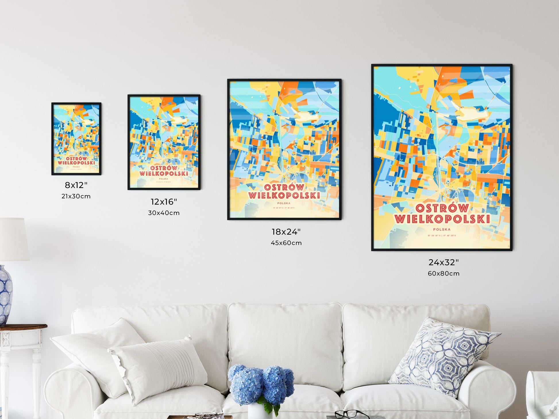 Colorful OSTRÓW WIELKOPOLSKI POLAND Fine Art Map Blue Orange