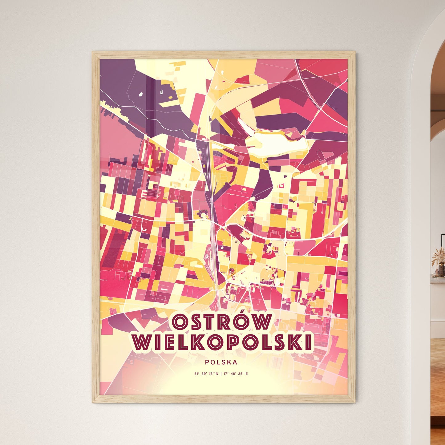 Colorful OSTRÓW WIELKOPOLSKI POLAND Fine Art Map Hot Red