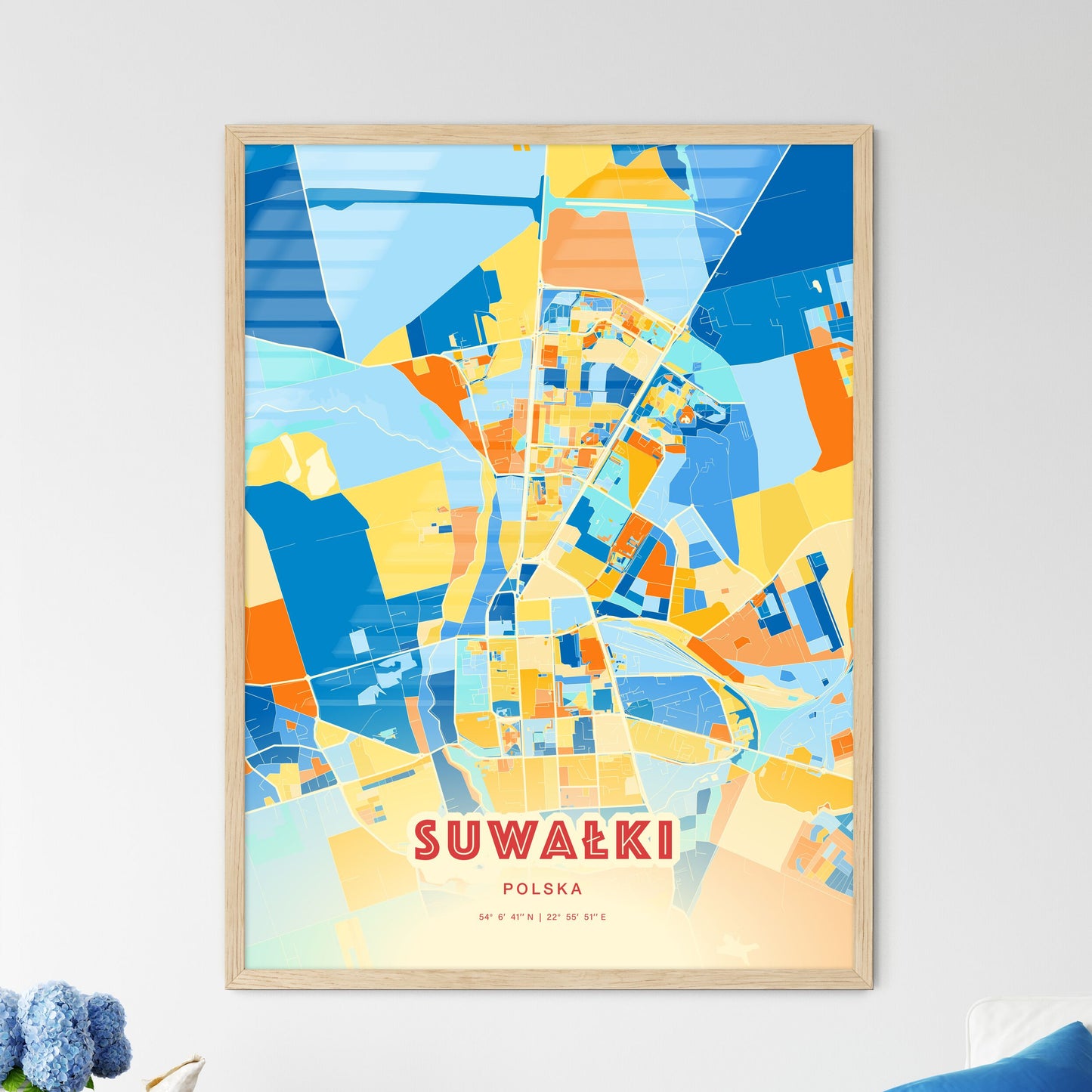 Colorful SUWAŁKI POLAND Fine Art Map Blue Orange