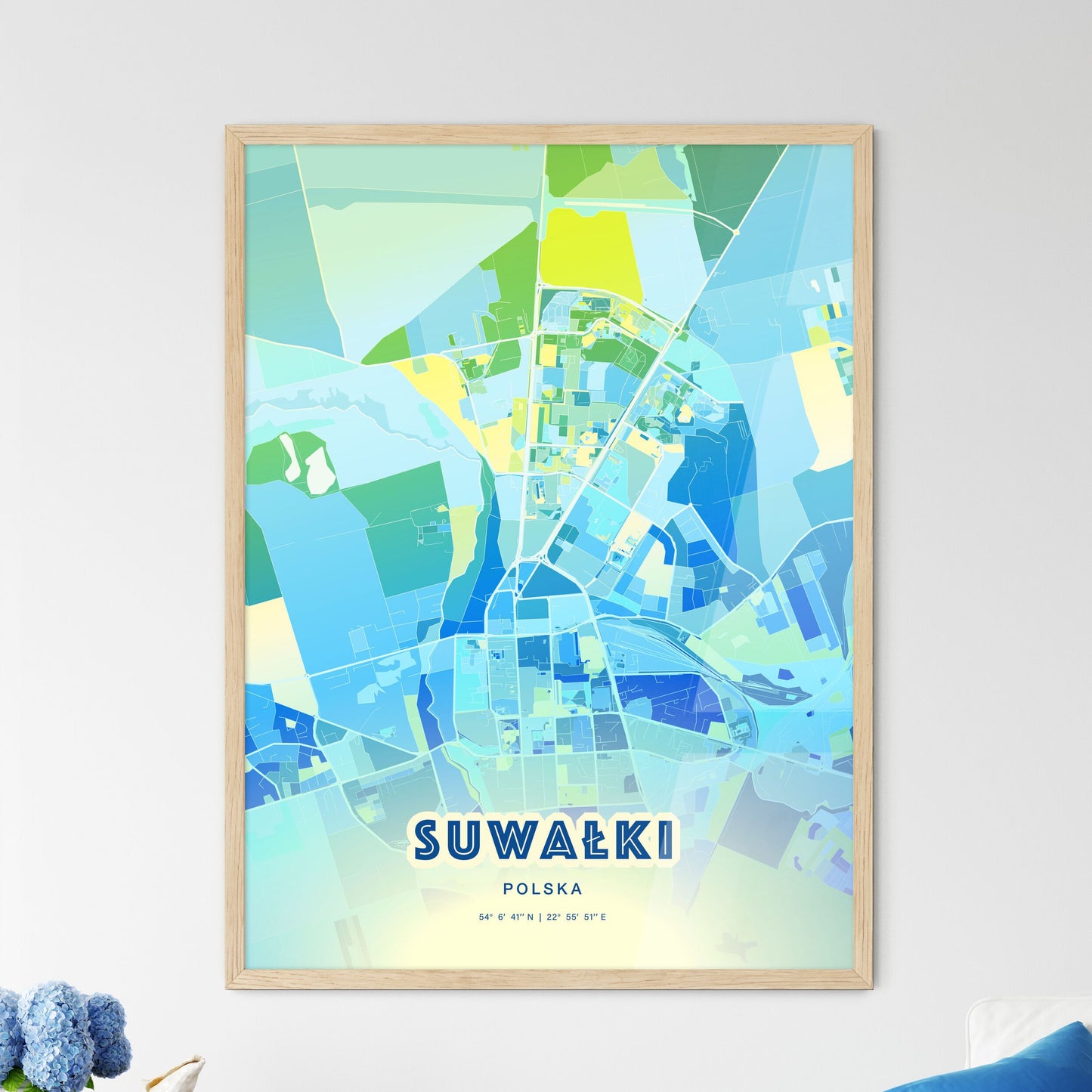 Colorful SUWAŁKI POLAND Fine Art Map Cool Blue