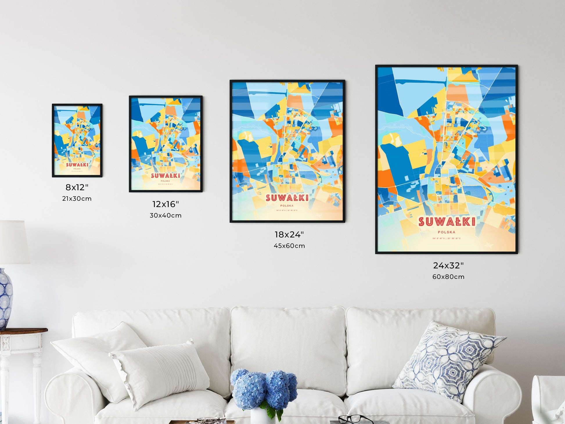 Colorful SUWAŁKI POLAND Fine Art Map Blue Orange