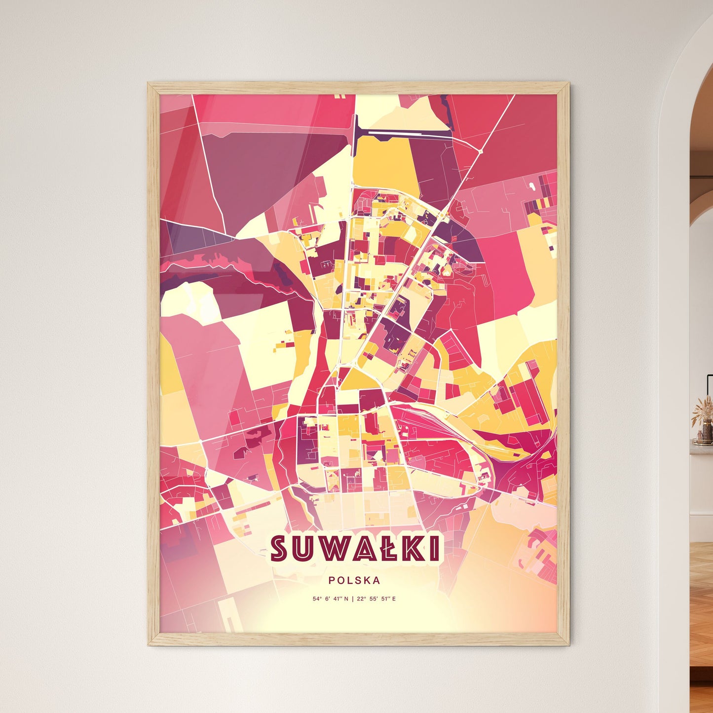 Colorful SUWAŁKI POLAND Fine Art Map Hot Red