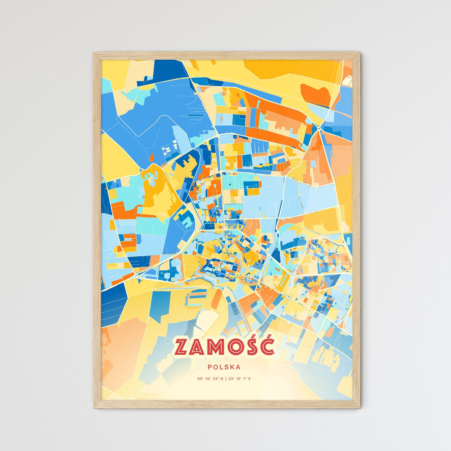 Colorful ZAMOŚĆ POLAND Fine Art Map Blue Orange