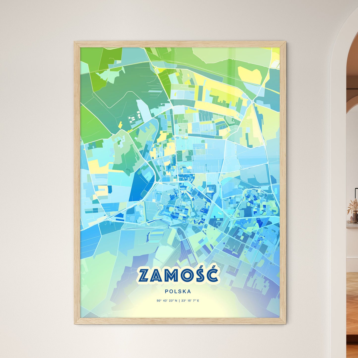 Colorful ZAMOŚĆ POLAND Fine Art Map Cool Blue