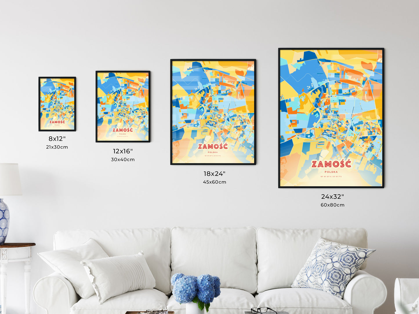 Colorful ZAMOŚĆ POLAND Fine Art Map Blue Orange