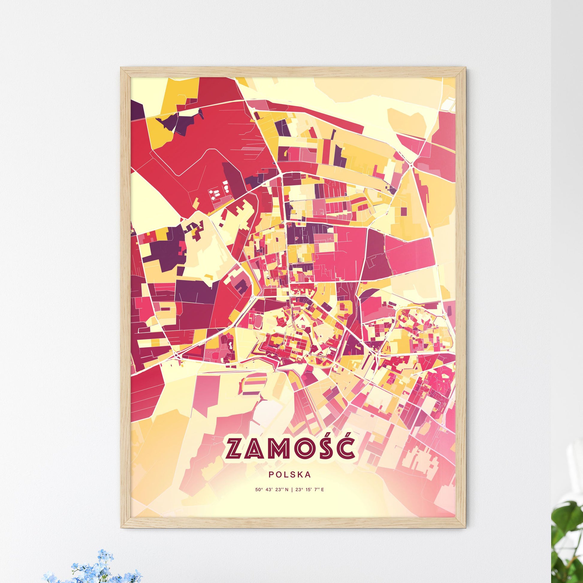 Colorful ZAMOŚĆ POLAND Fine Art Map Hot Red