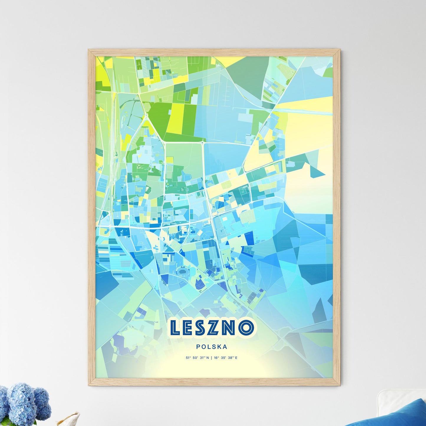 Colorful LESZNO POLAND Fine Art Map Cool Blue