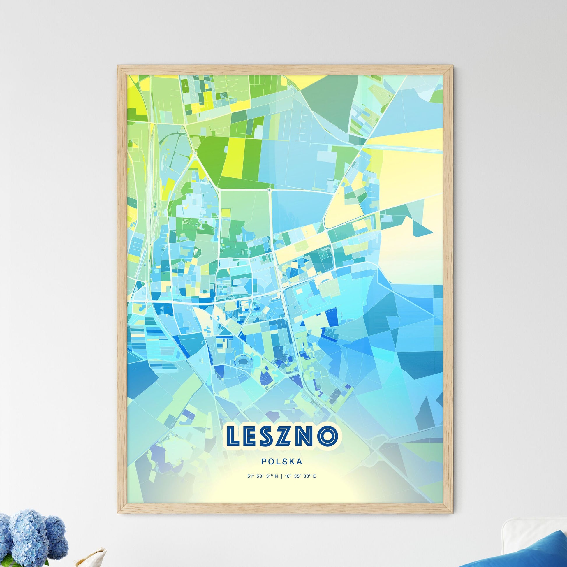 Colorful LESZNO POLAND Fine Art Map Cool Blue