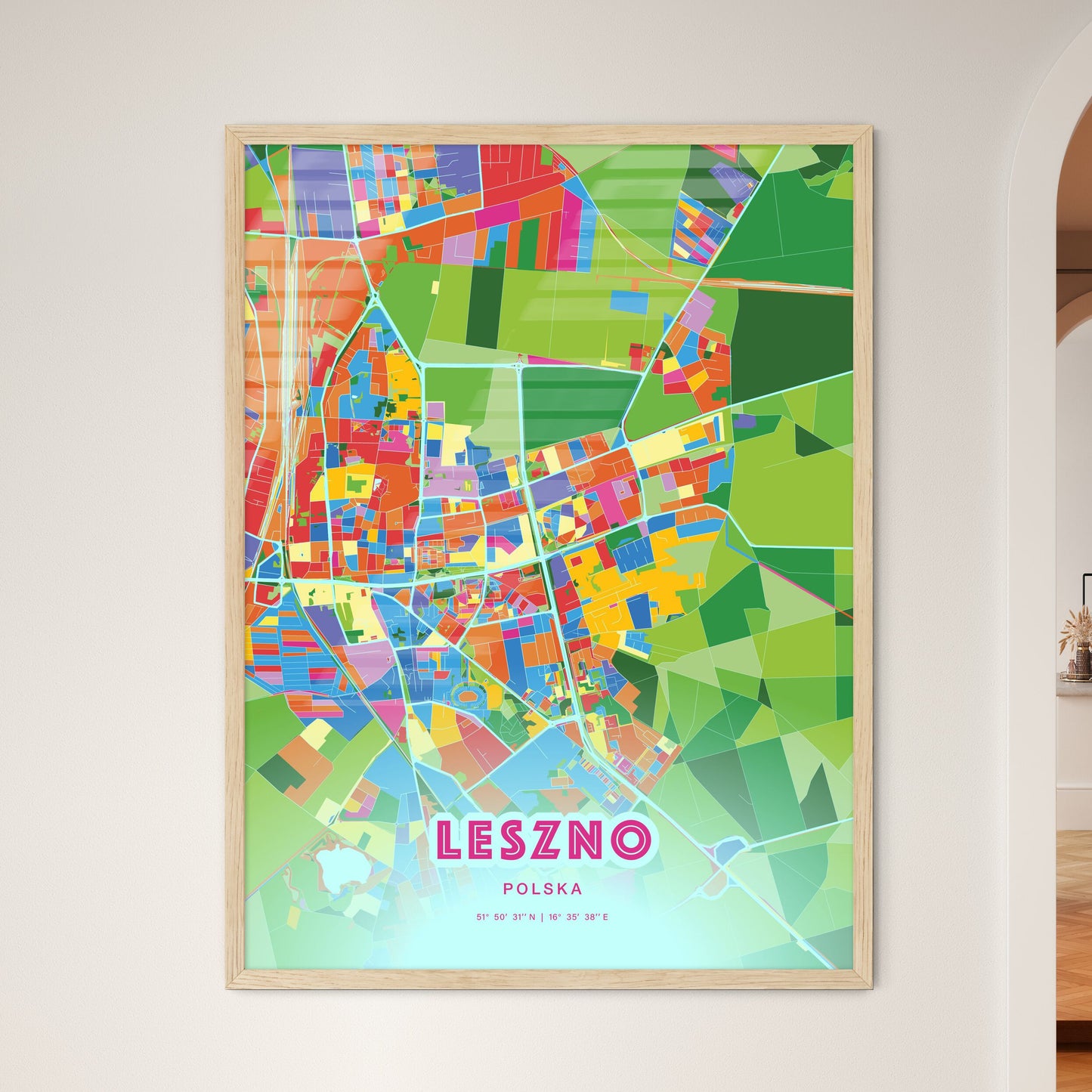 Colorful LESZNO POLAND Fine Art Map Crazy Colors