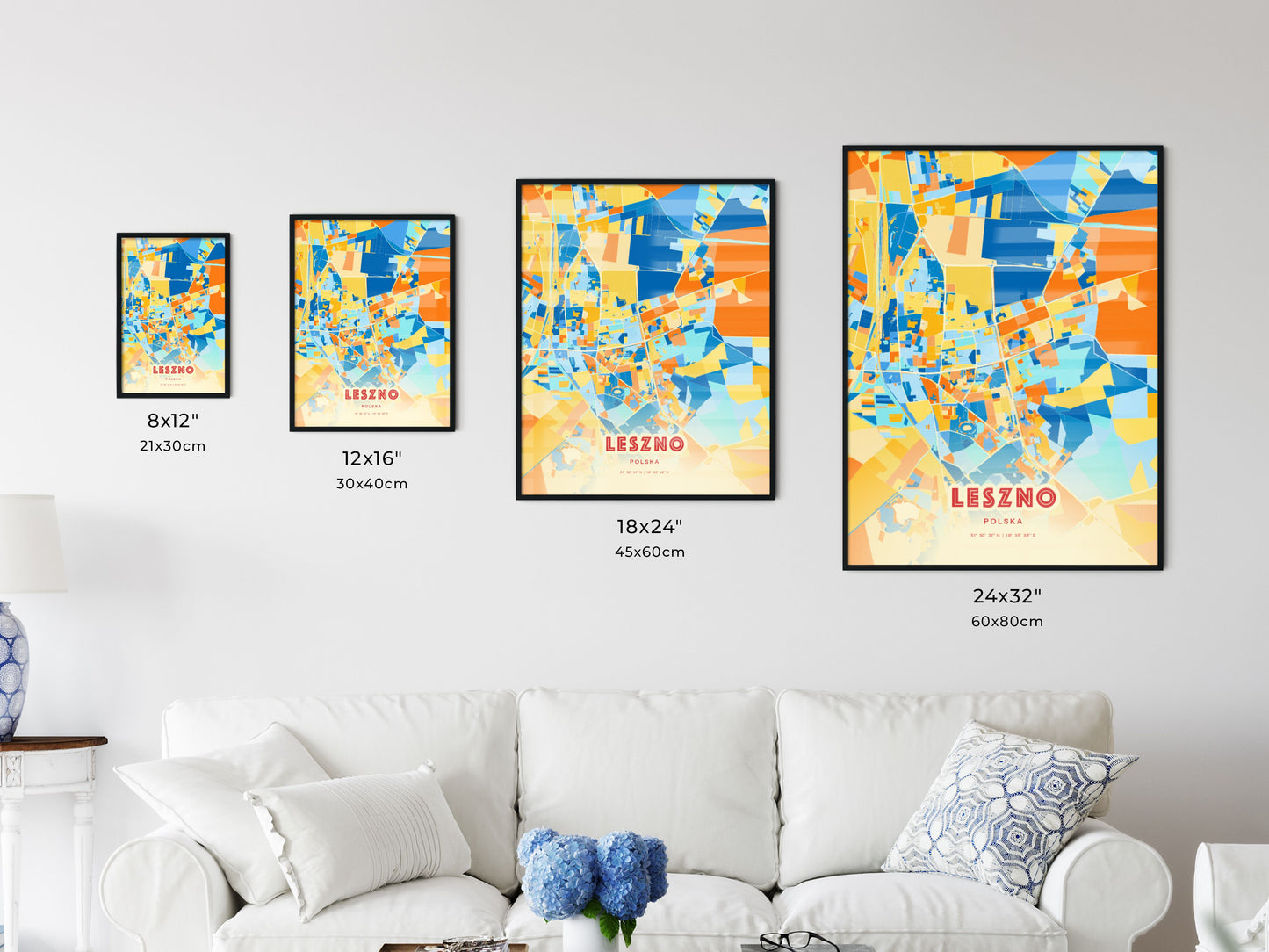 Colorful LESZNO POLAND Fine Art Map Blue Orange