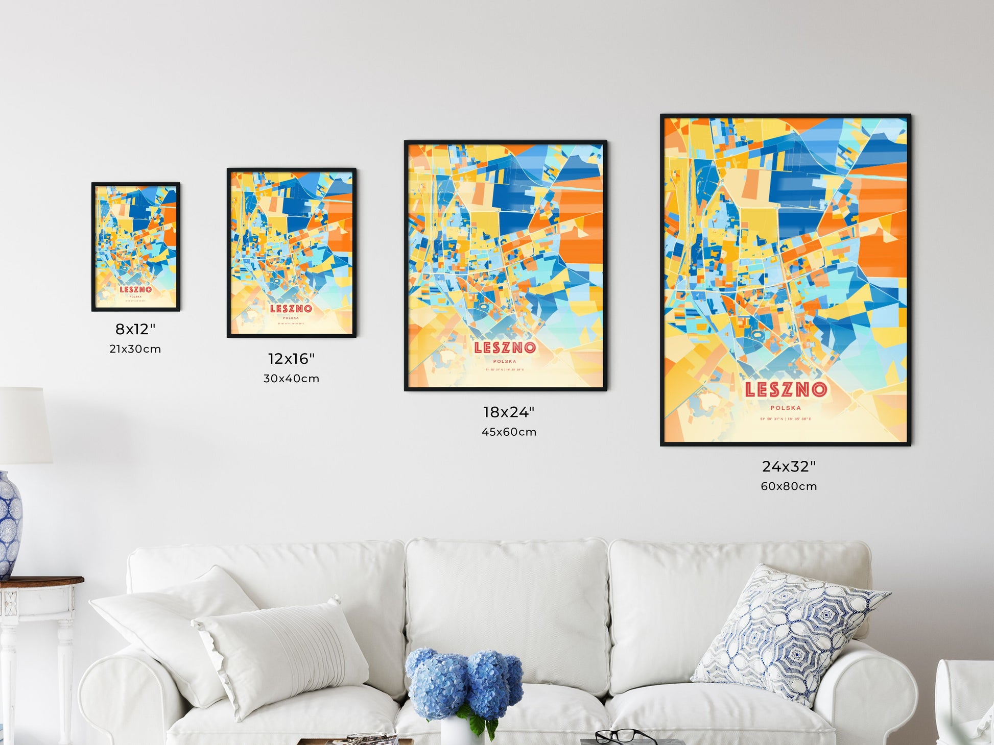 Colorful LESZNO POLAND Fine Art Map Blue Orange