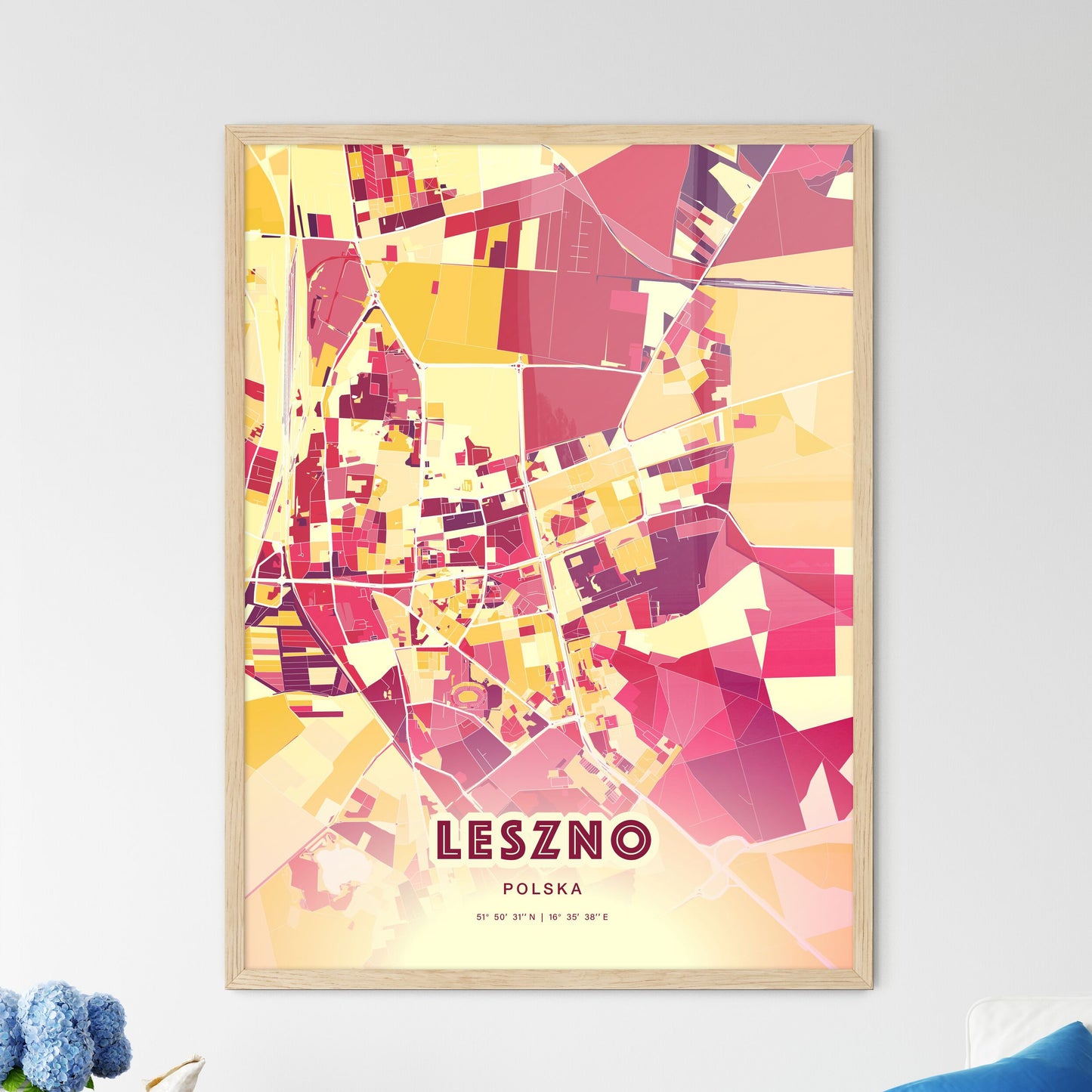 Colorful LESZNO POLAND Fine Art Map Hot Red