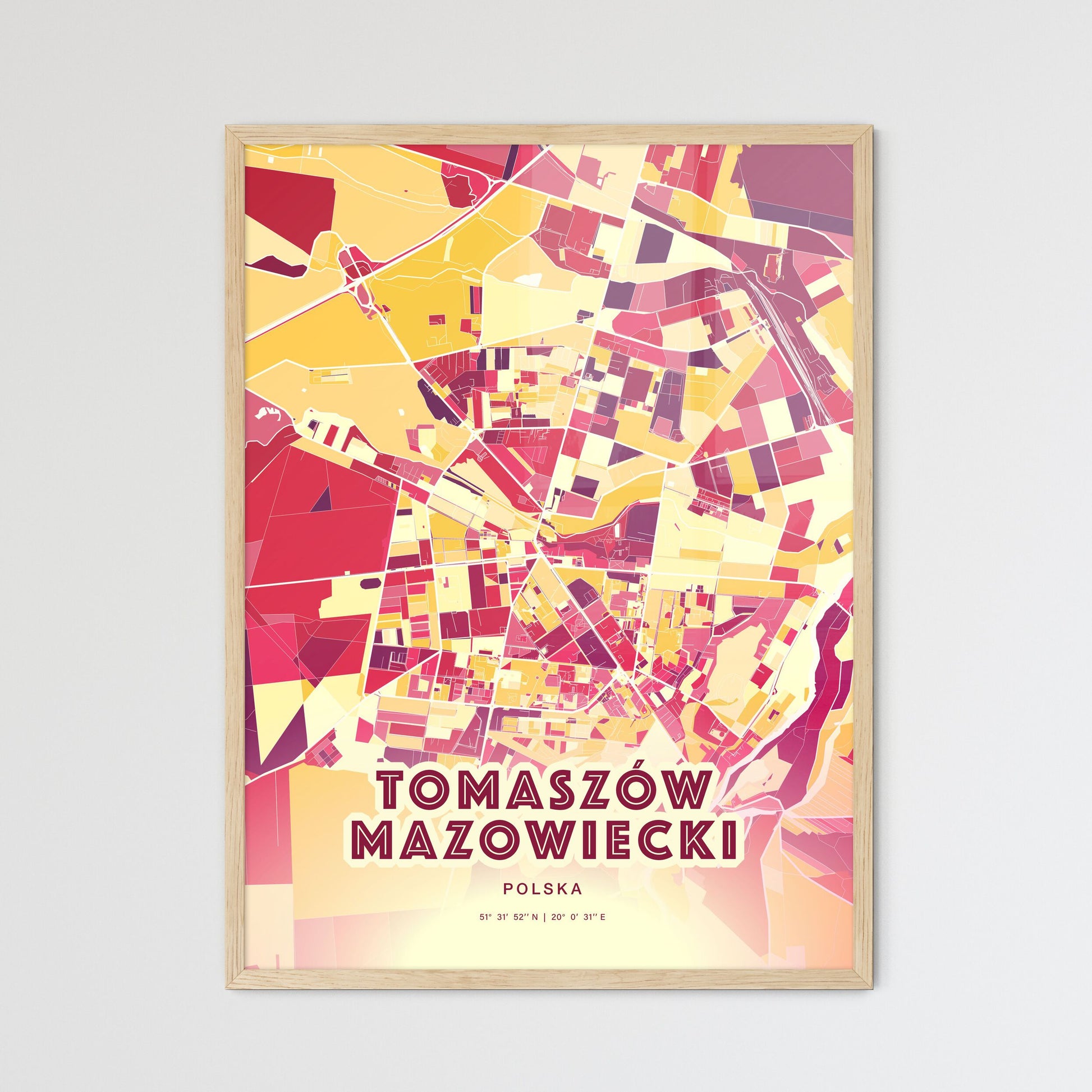 Colorful TOMASZÓW MAZOWIECKI POLAND Fine Art Map Hot Red